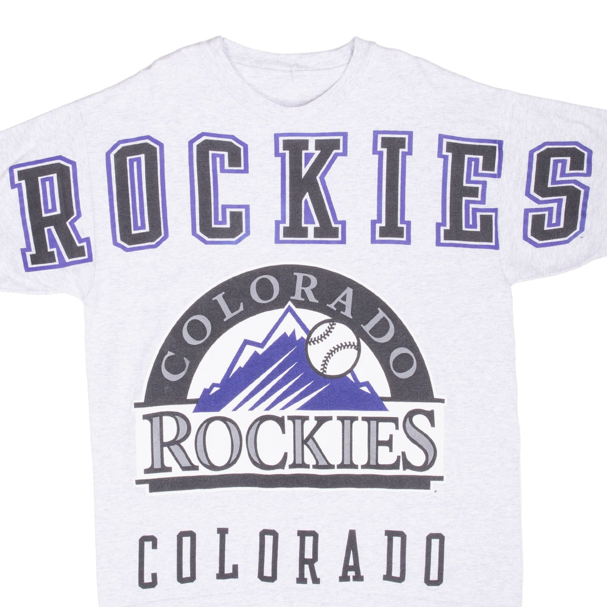 Colorado Rockies T-shirt front with oversized lettering and purple mountain-and-baseball logo