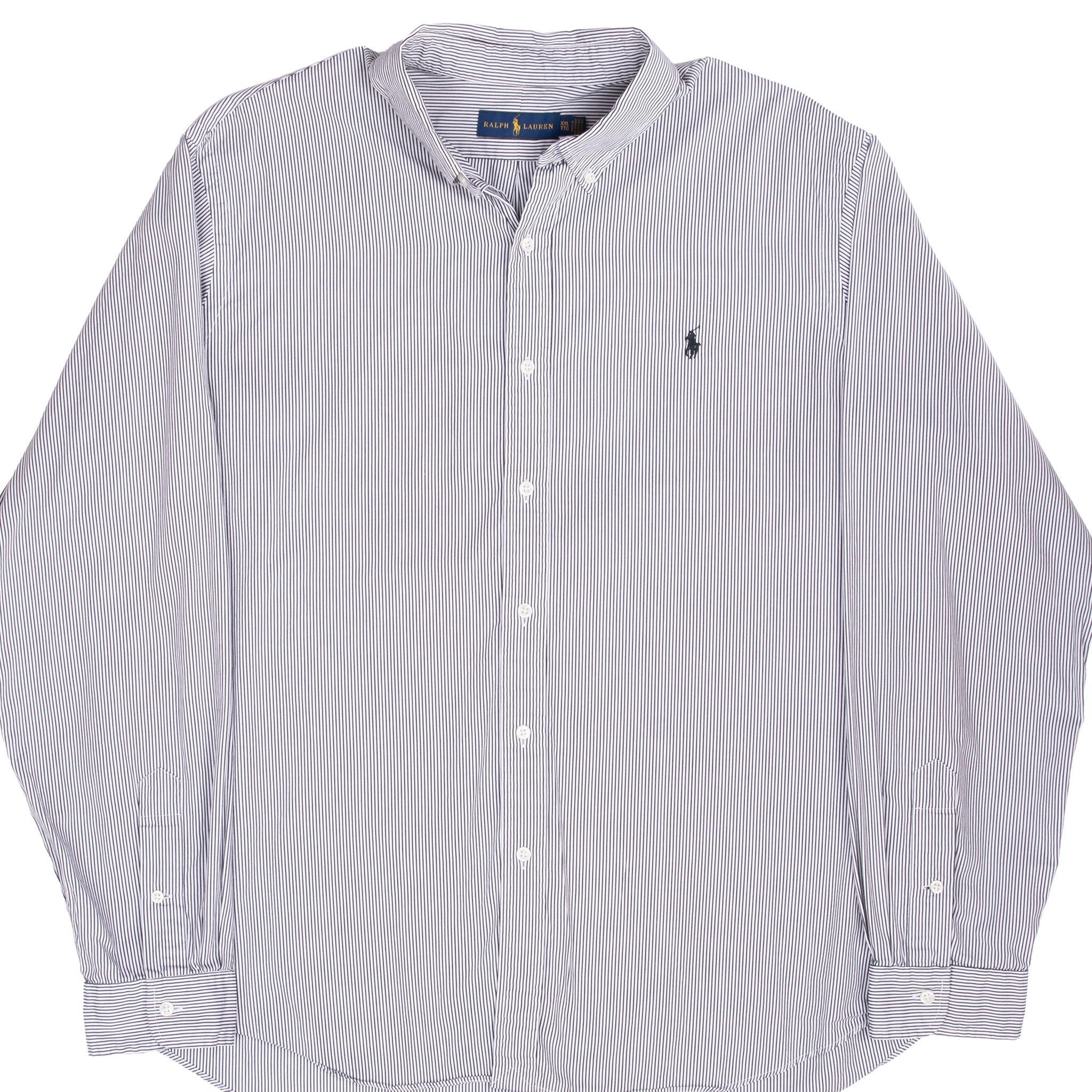 Front of Ralph Lauren long-sleeve button-down shirt with black and white vertical stripes