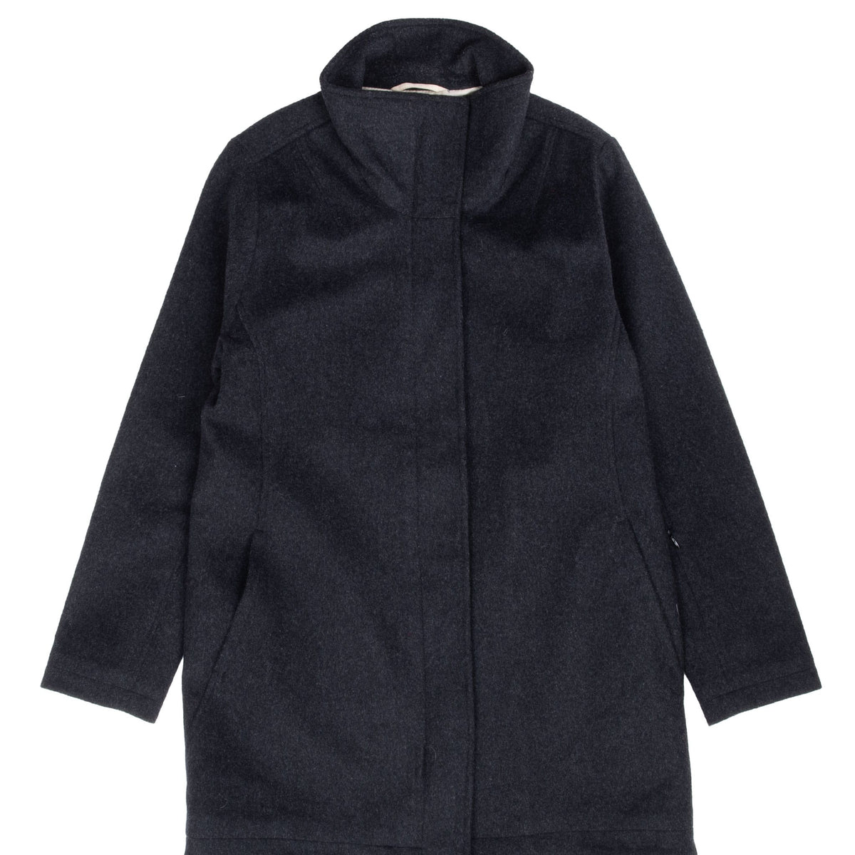 Front of black Pendleton long coat with stand collar, concealed closure and angled pockets