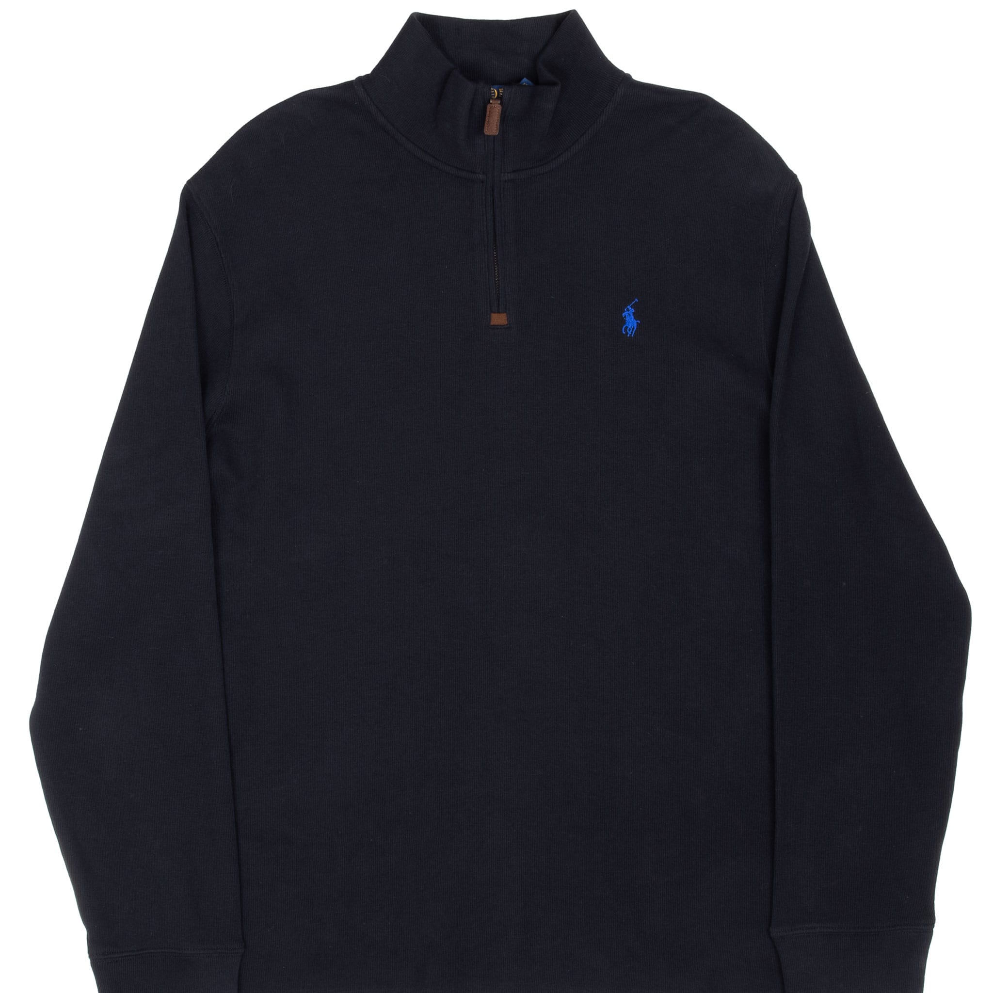 Front of black Polo Ralph Lauren quarter-zip sweater with blue pony embroidery