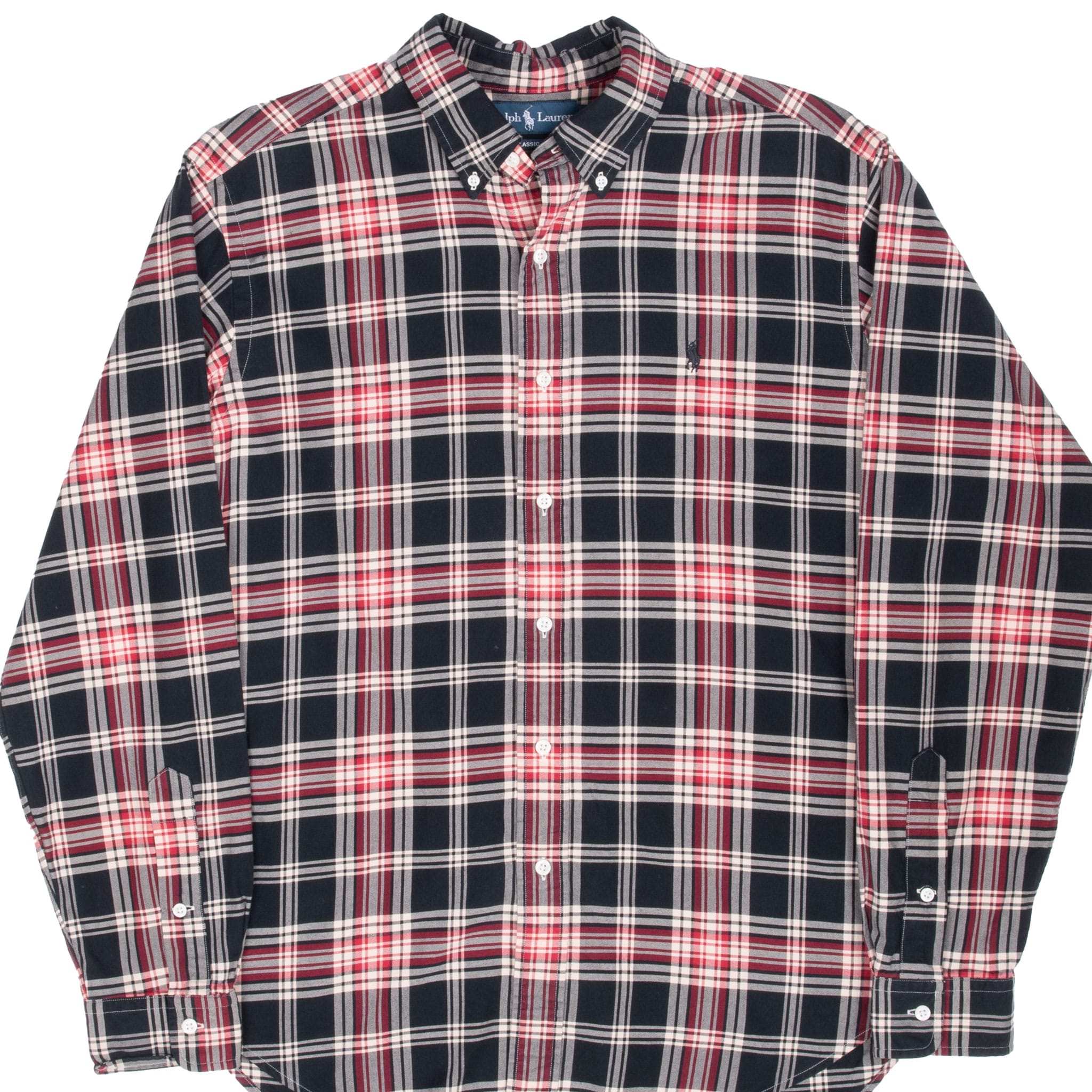 Front of Ralph Lauren long-sleeve shirt in black, red, white and gray plaid