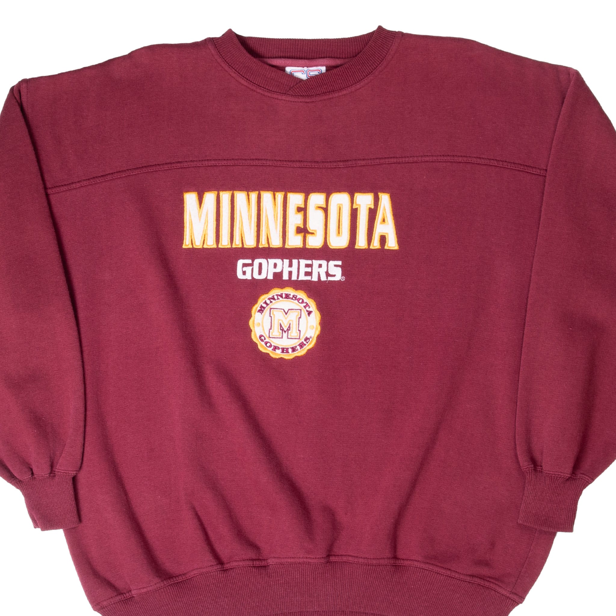 Front of maroon Minnesota Golden Gophers crewneck sweatshirt with embroidered lettering and M emblem