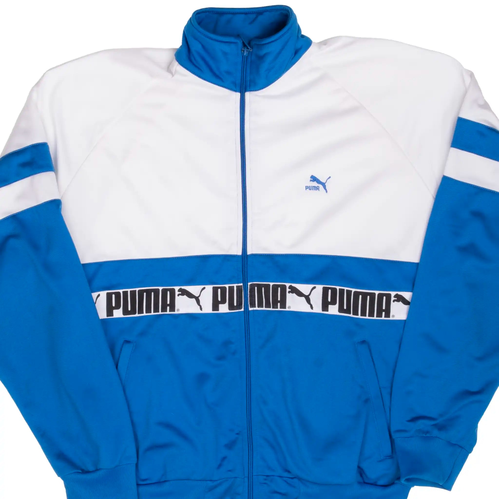 VINTAGE PUMA TRACK WHITE & BLUE JACKET 1980S LARGE