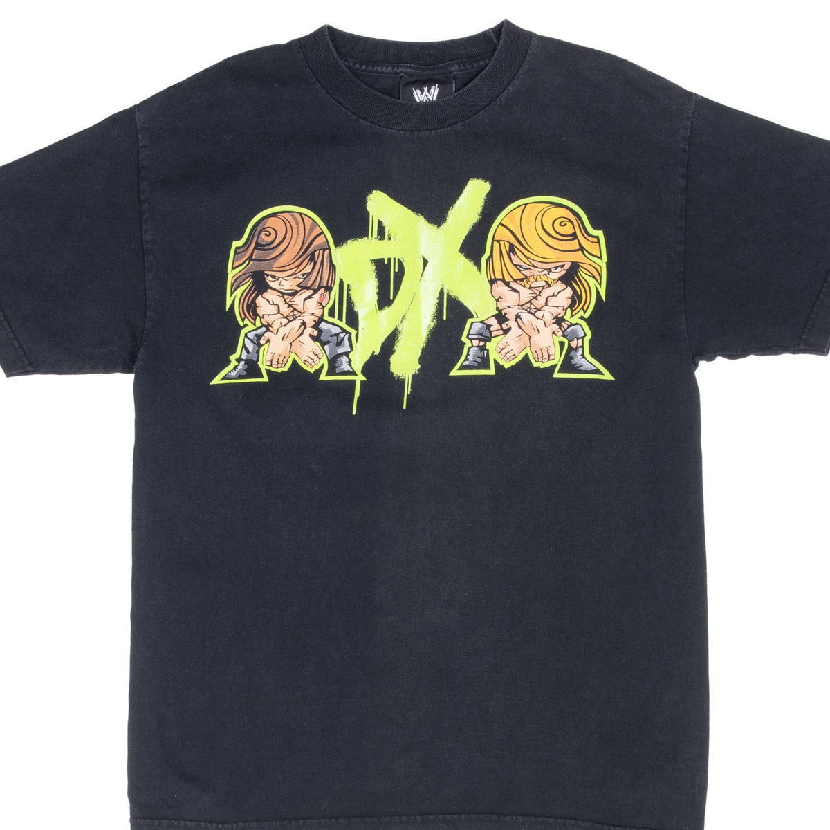 Front of black WWE D-Generation X T-shirt with neon green DX logo and cartoon wrestlers