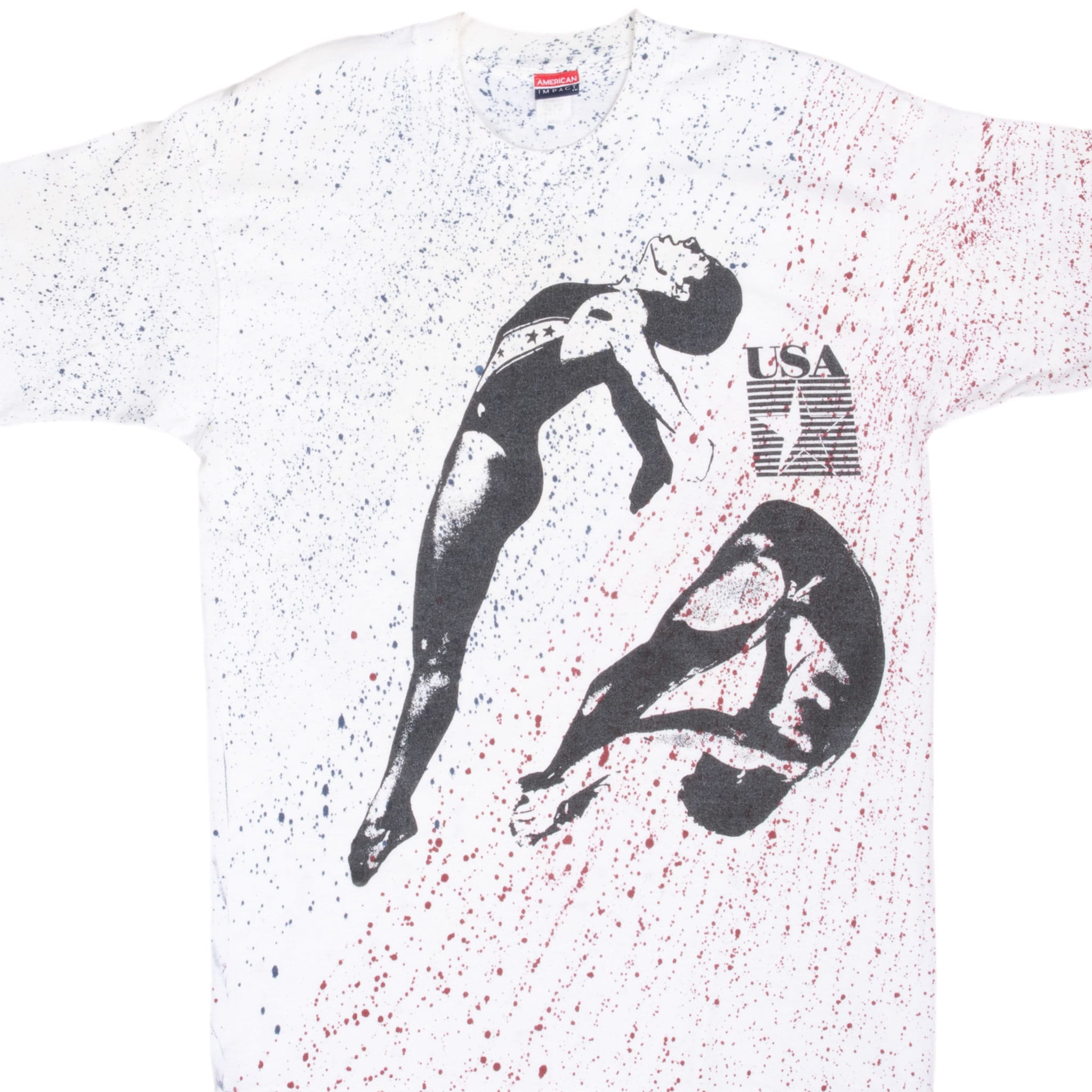 Front detail of white Team USA diving T-shirt with black divers and red and blue splatter print