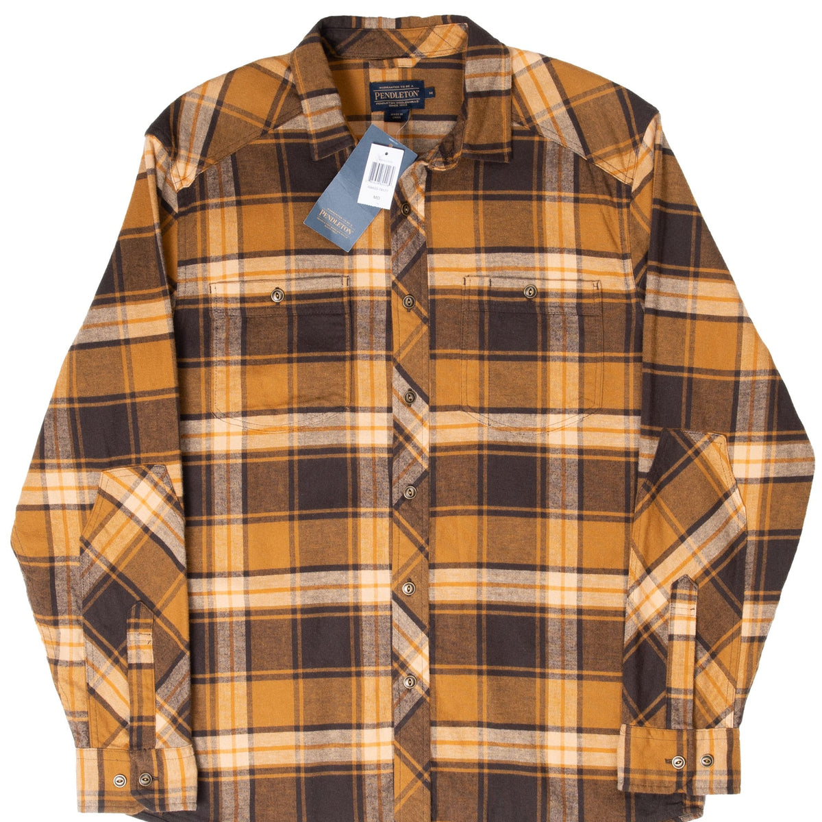 Front of Pendleton brown, tan and cream plaid flannel shirt with tags attached
