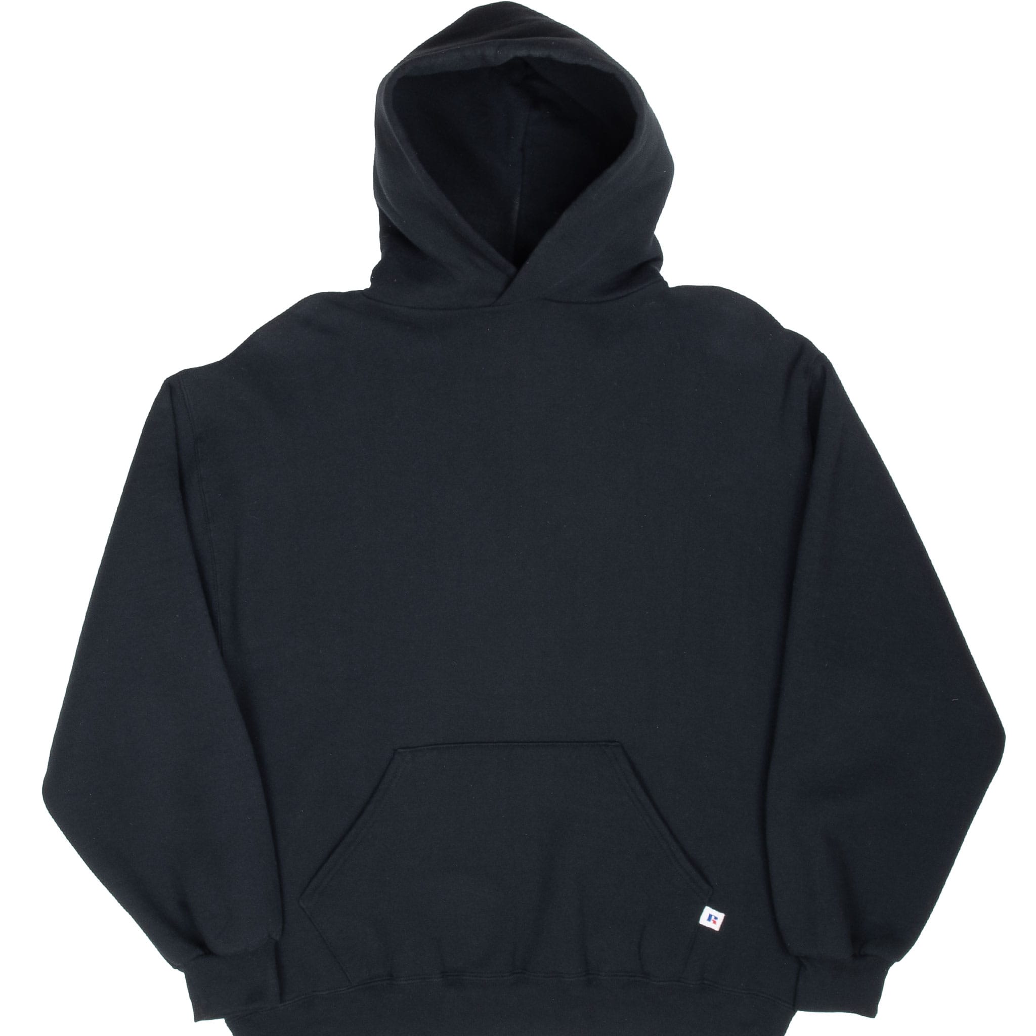 Front of black Russell Athletic pullover hoodie with kangaroo pocket and logo tab