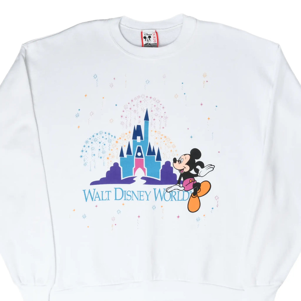 Front of white Walt Disney World sweatshirt with Mickey Mouse, castle, and fireworks graphic