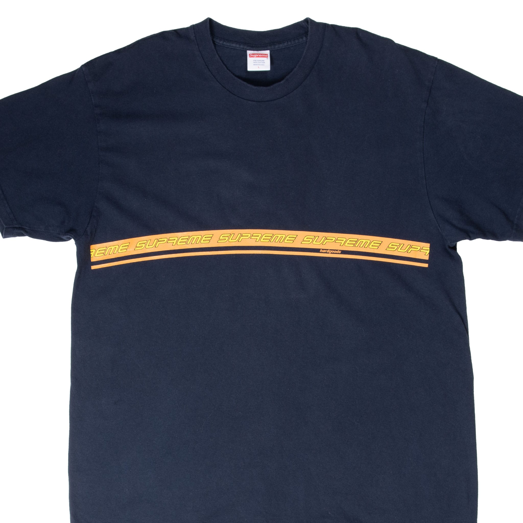 Front upper view of black Supreme T-shirt with orange wraparound logo stripe