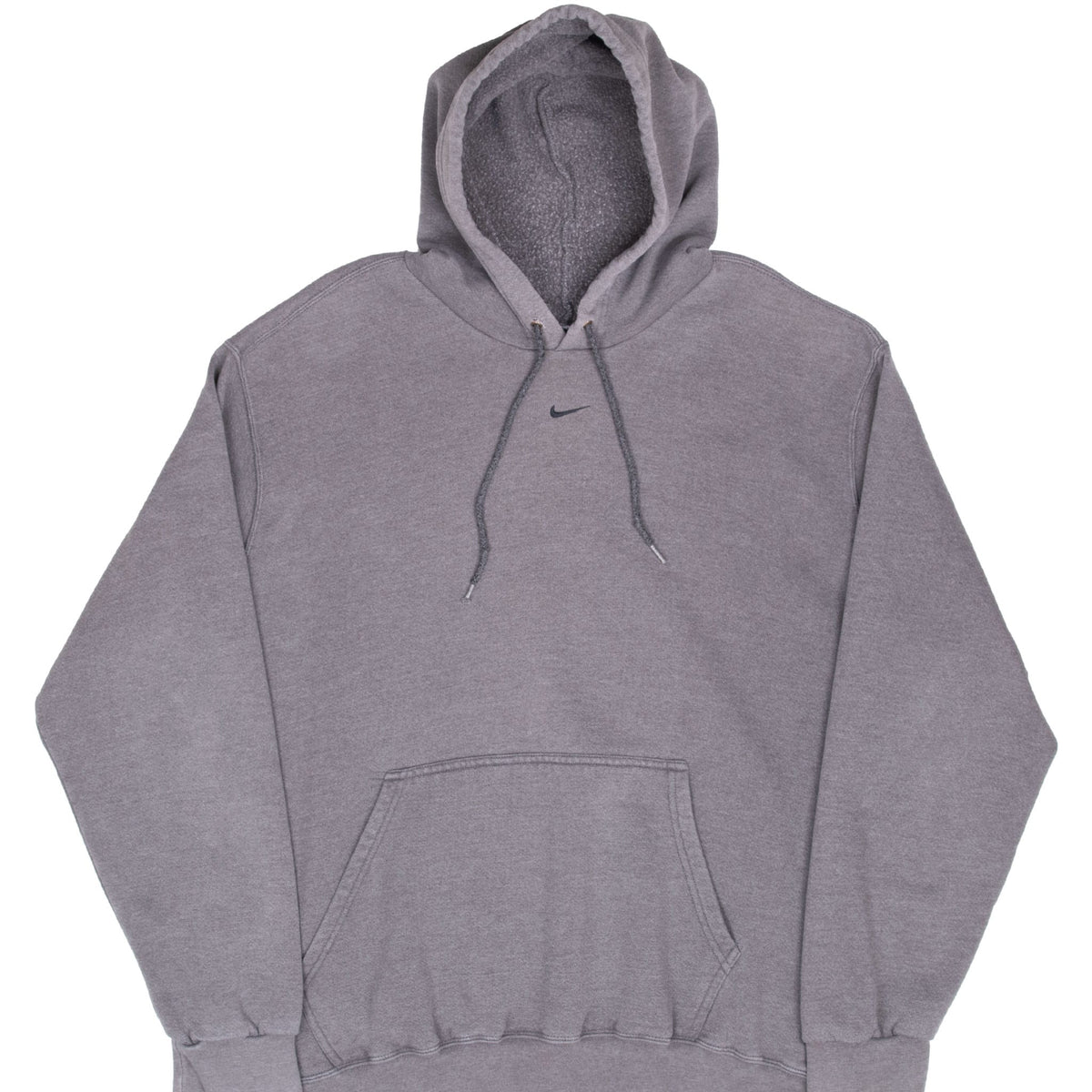 Front of faded grey Nike pullover hoodie with centered dark Swoosh and kangaroo pocket