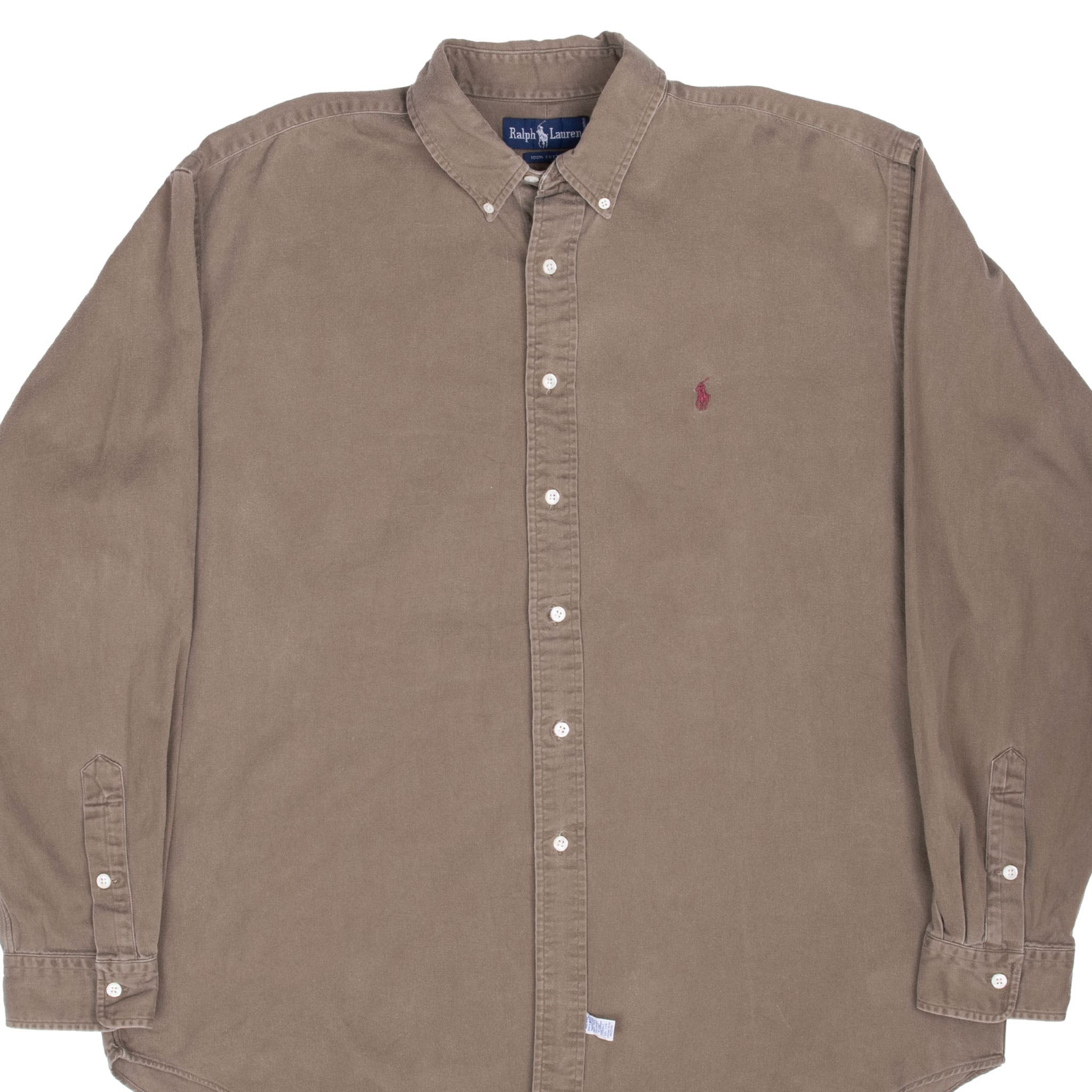 Front of khaki brown Ralph Lauren long-sleeve button-down shirt with burgundy pony logo