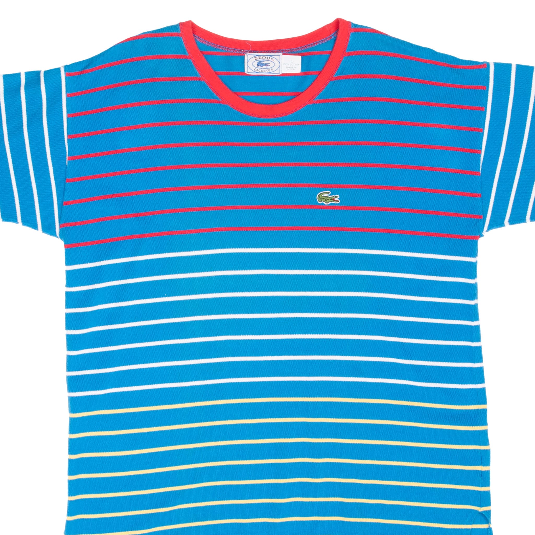 Front upper view of blue striped IZOD Lacoste T-shirt with red crew neck and crocodile chest patch