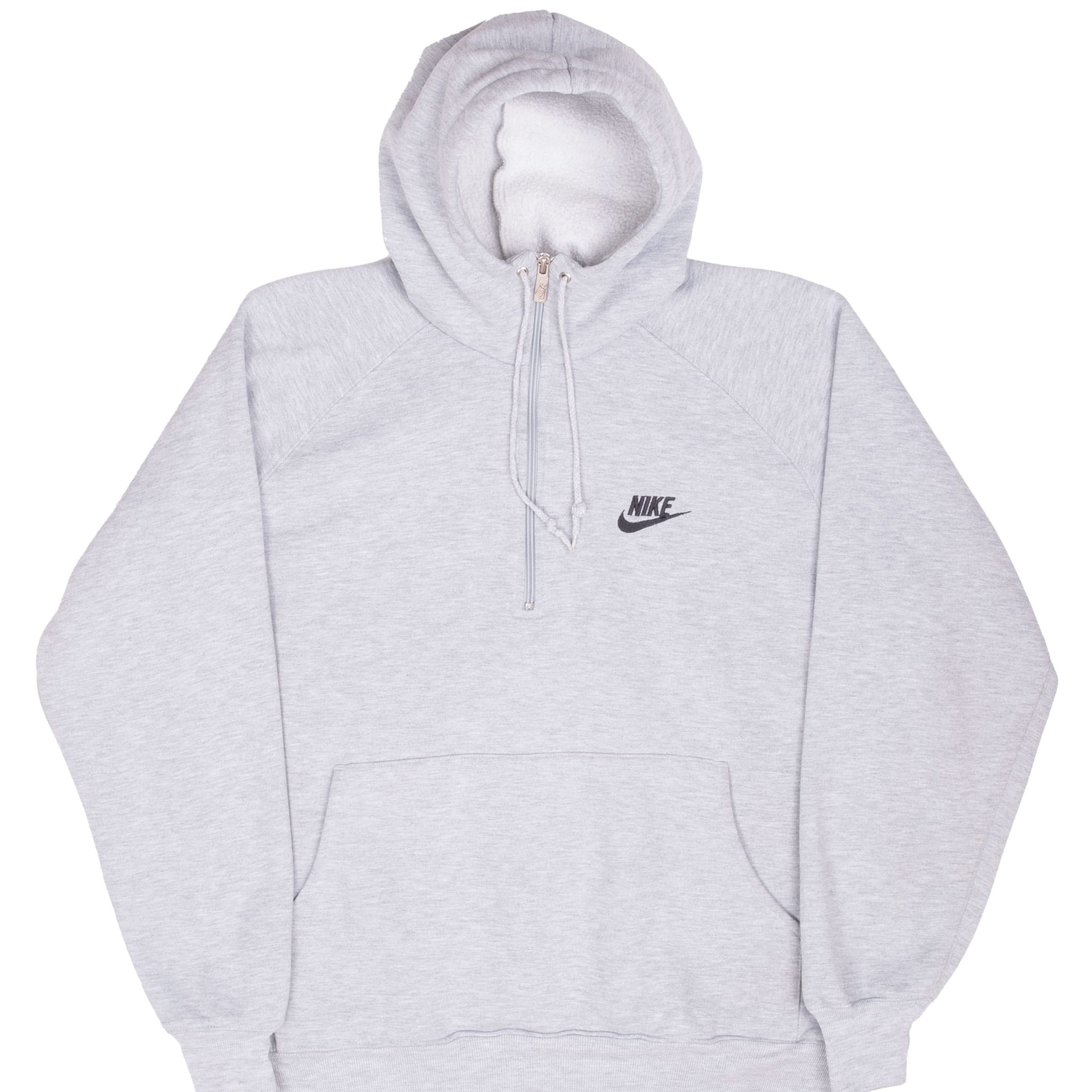Front of grey Nike half-zip hoodie with drawstring hood, embroidered chest logo and pouch pocket