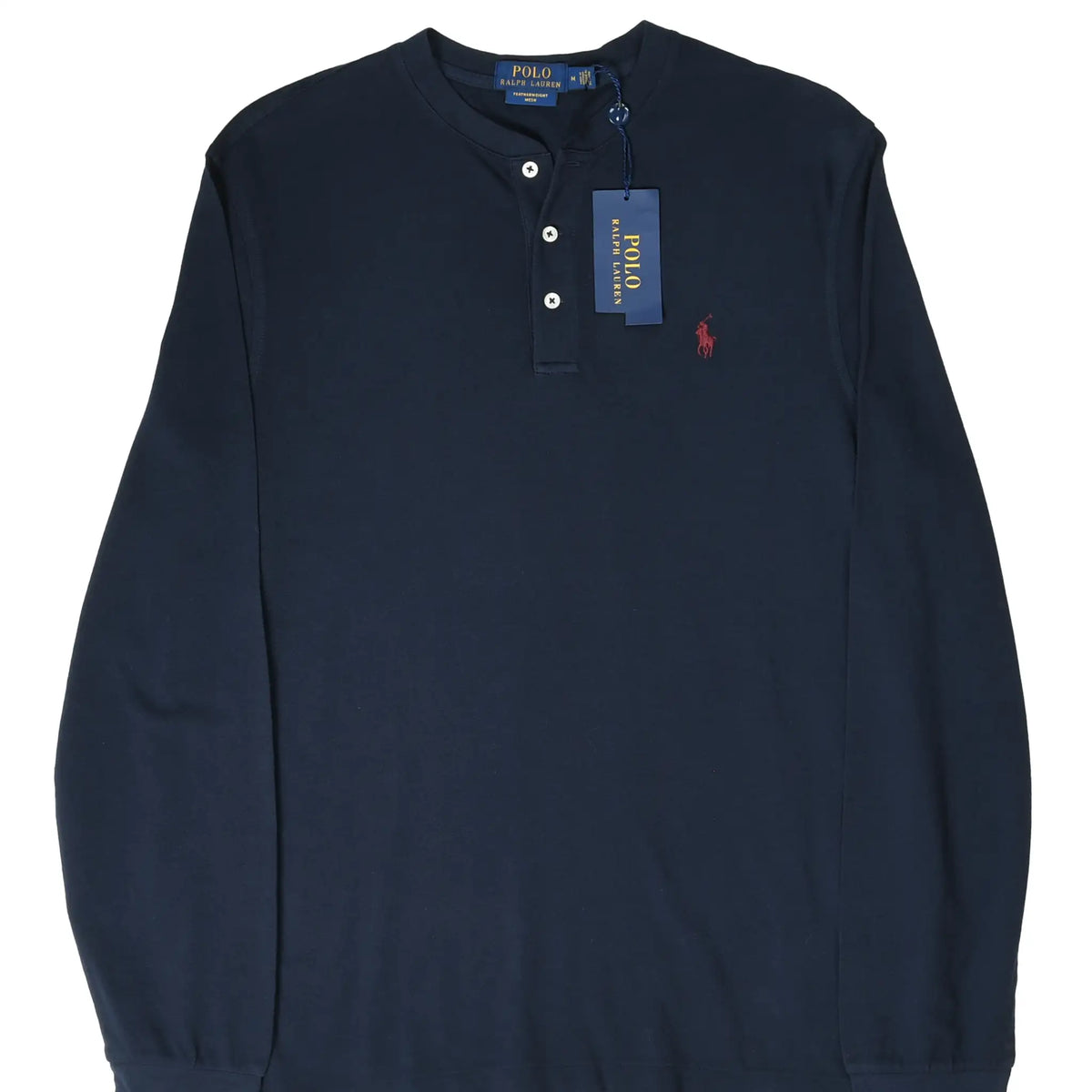 Front of navy Polo Ralph Lauren long-sleeve Henley with red pony embroidery and hangtag