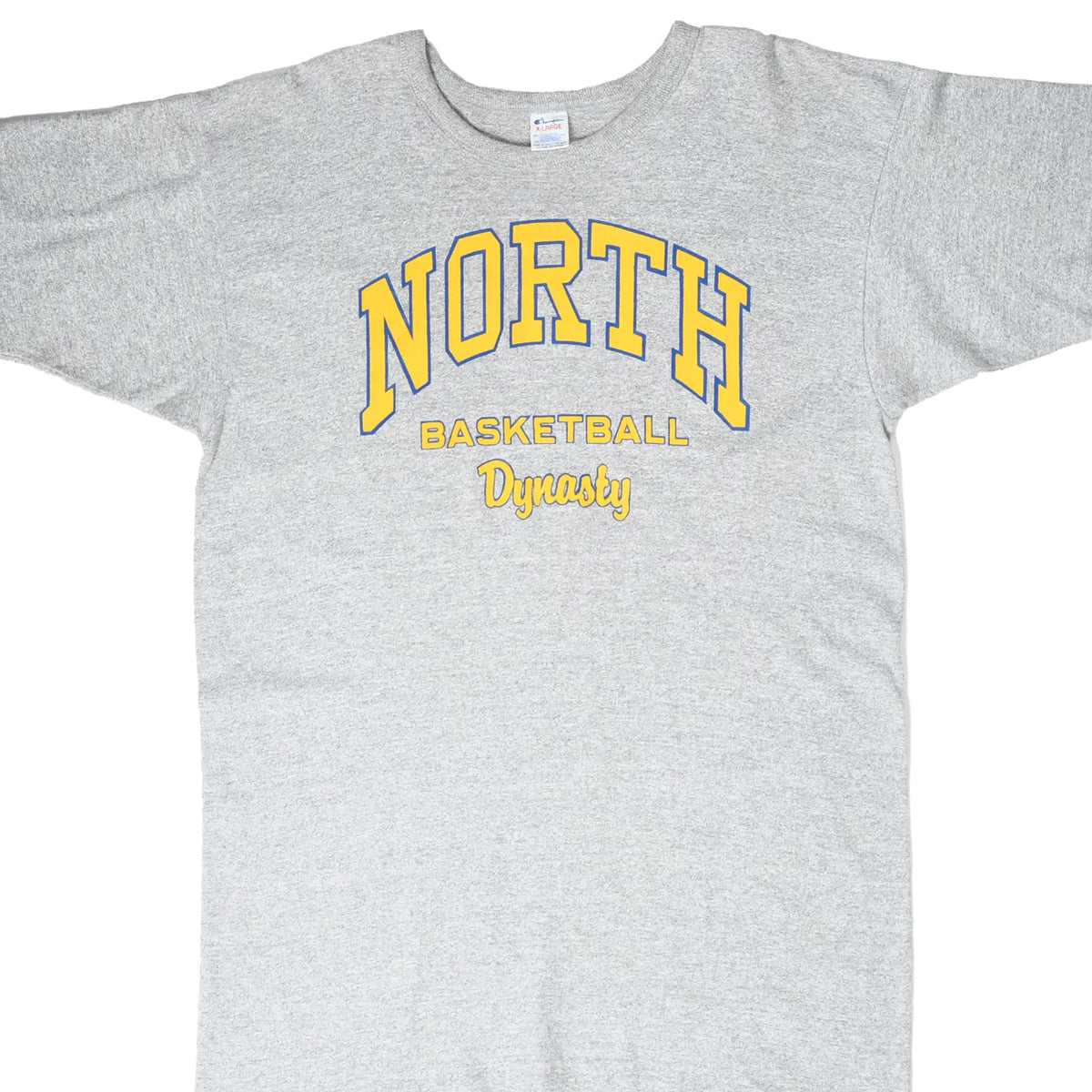Cropped front view of gray T-shirt with yellow and blue North Basketball Dynasty graphic