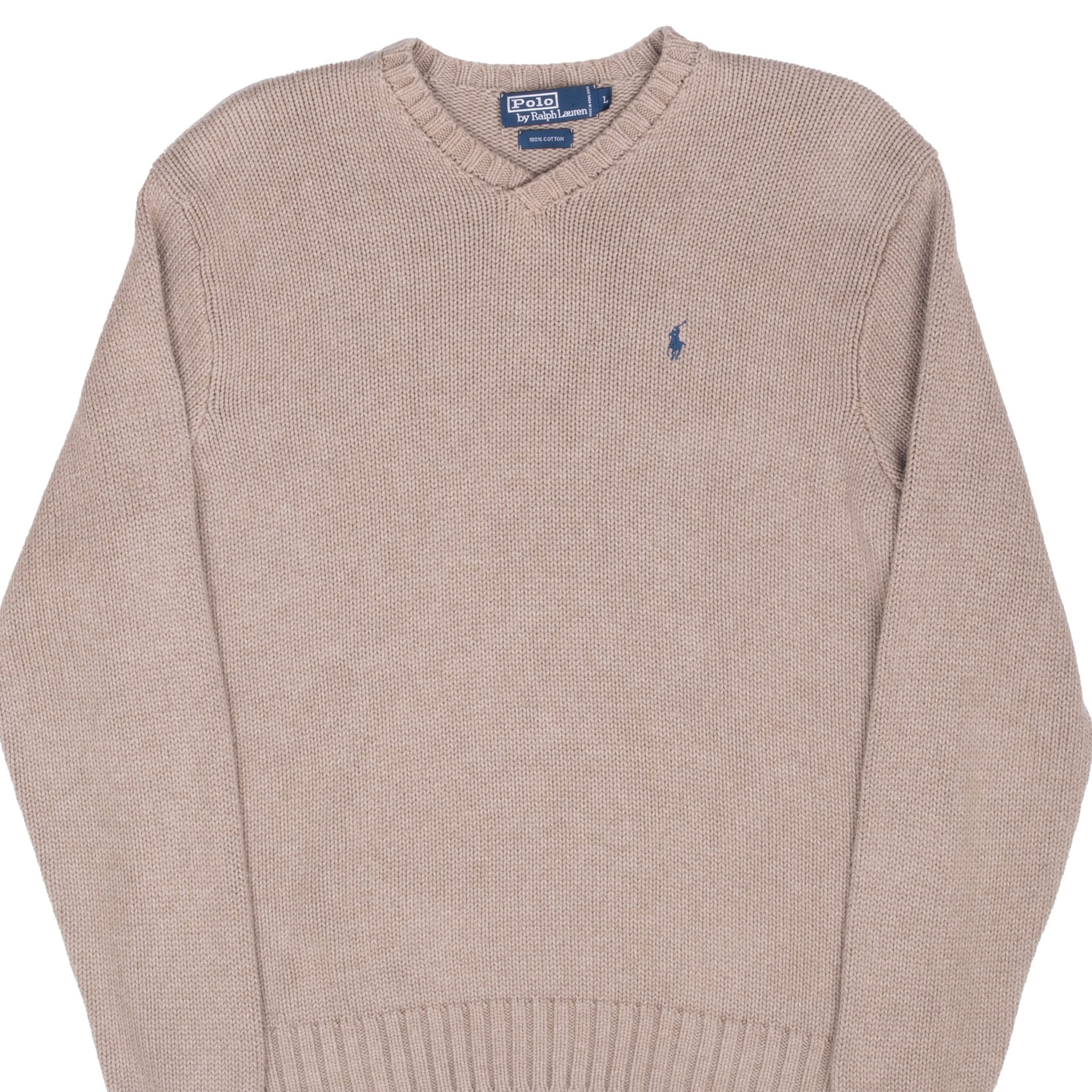 Upper front of beige Polo Ralph Lauren knit V-neck sweater with navy pony embroidery