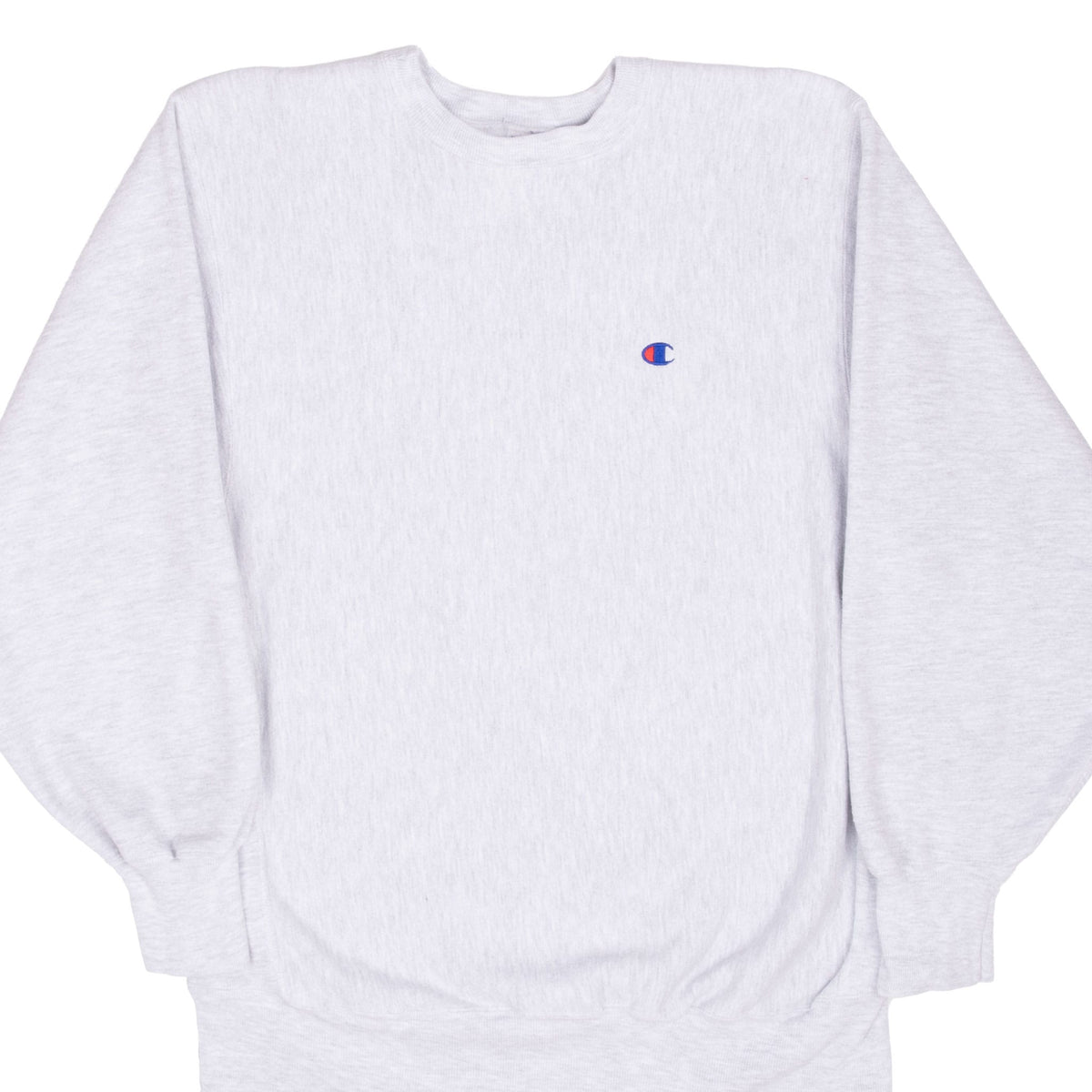 Front view of grey Champion Reverse Weave crewneck with small red and blue chest logo