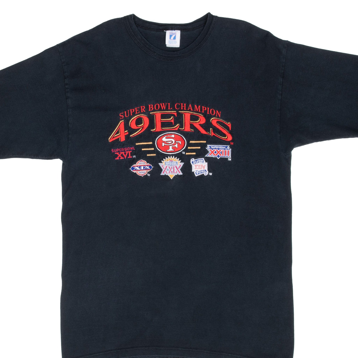 Front upper view of black San Francisco 49ers Super Bowl Champions T-shirt with multicolor graphic