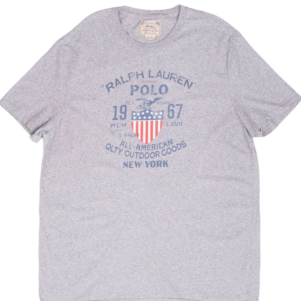Front of grey Ralph Lauren Polo T-shirt with New York shield graphic