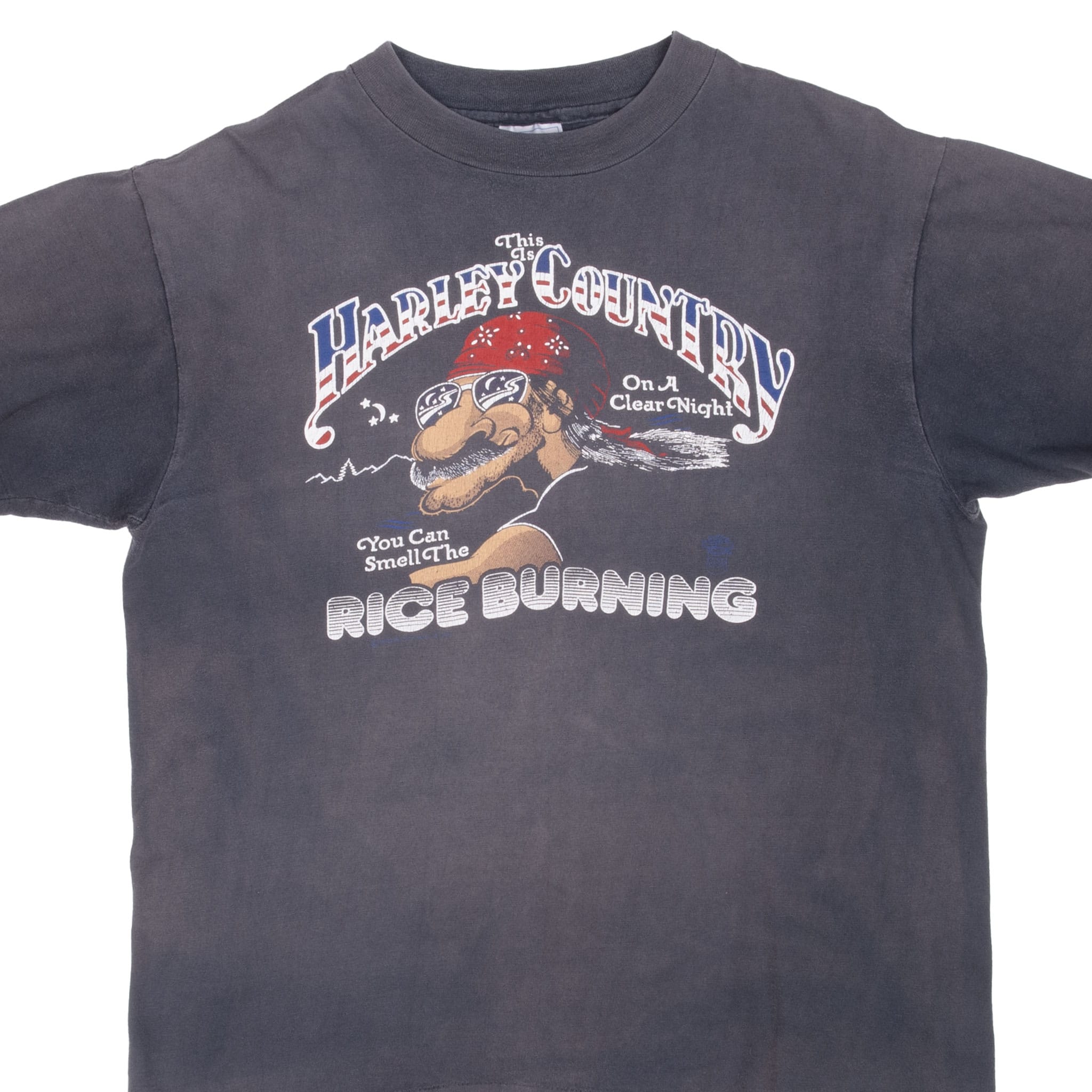 Close-up of dark gray Harley-Davidson T-shirt front with Harley Country and Rice Burning graphic
