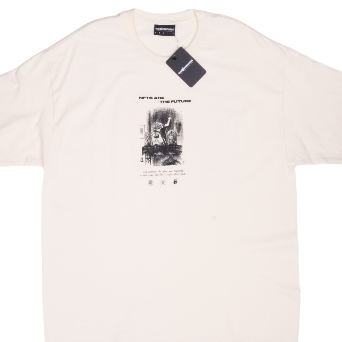 Front of ivory The Hundreds “NFTs Are the Future” T-shirt with black graphic and attached hangtag