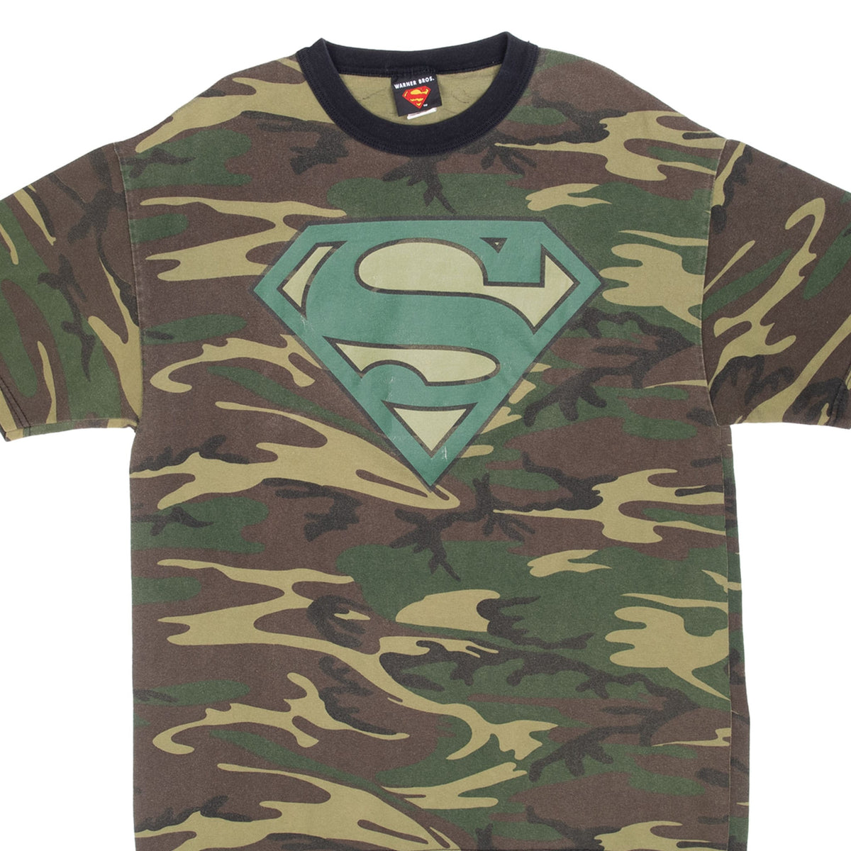 Front upper view of Superman camo T-shirt with teal and tan shield graphic