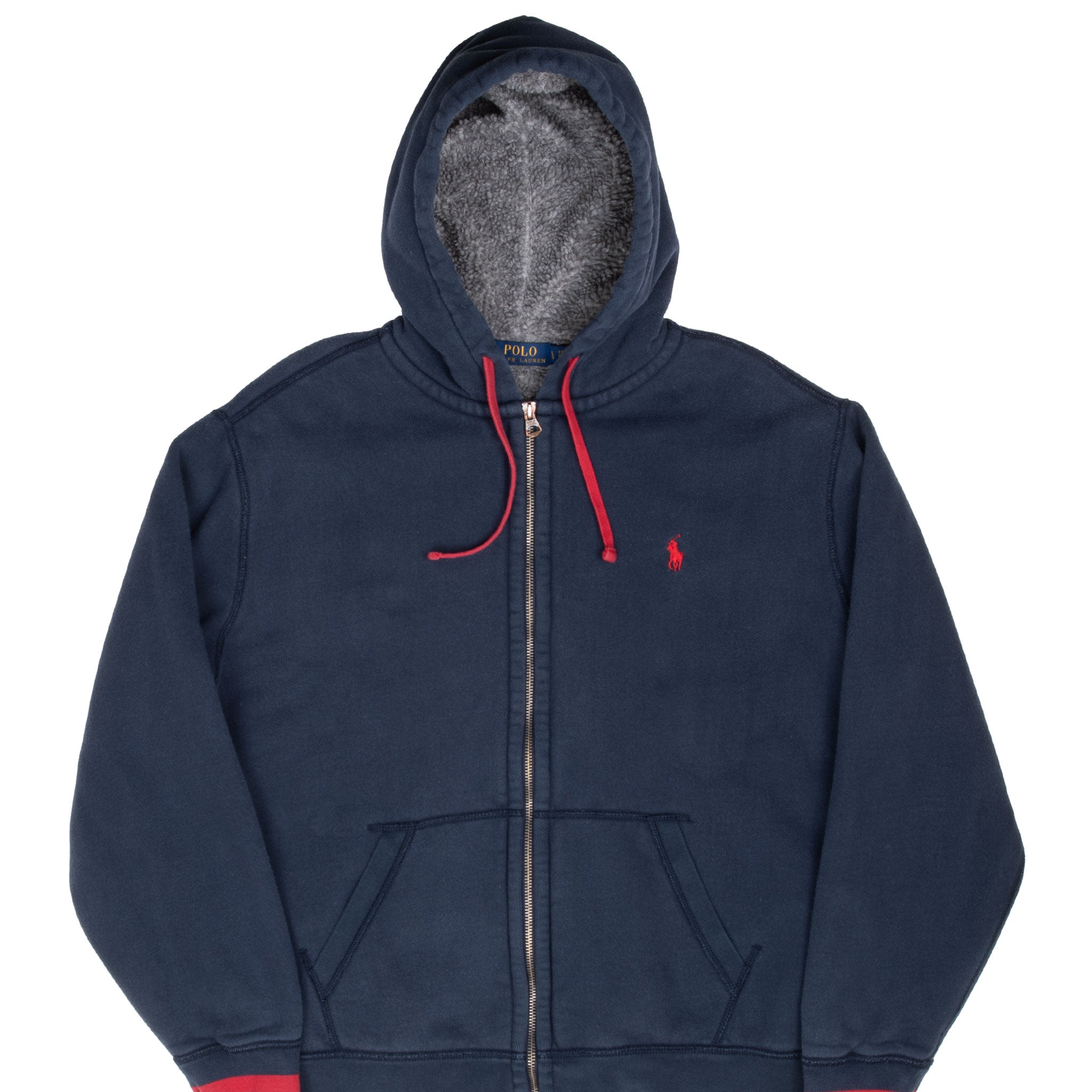 VINTAGE POLO RALPH LAUREN BLUE SHERPA LINED FULL ZIP HOODIE SWEATSHIRT LARGE