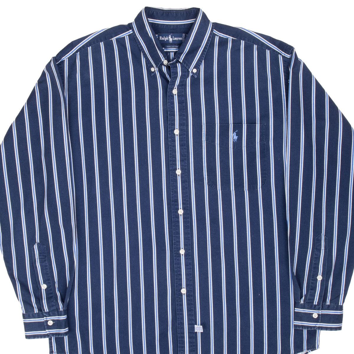 Front of Polo Ralph Lauren navy blue striped long-sleeve button-down shirt
