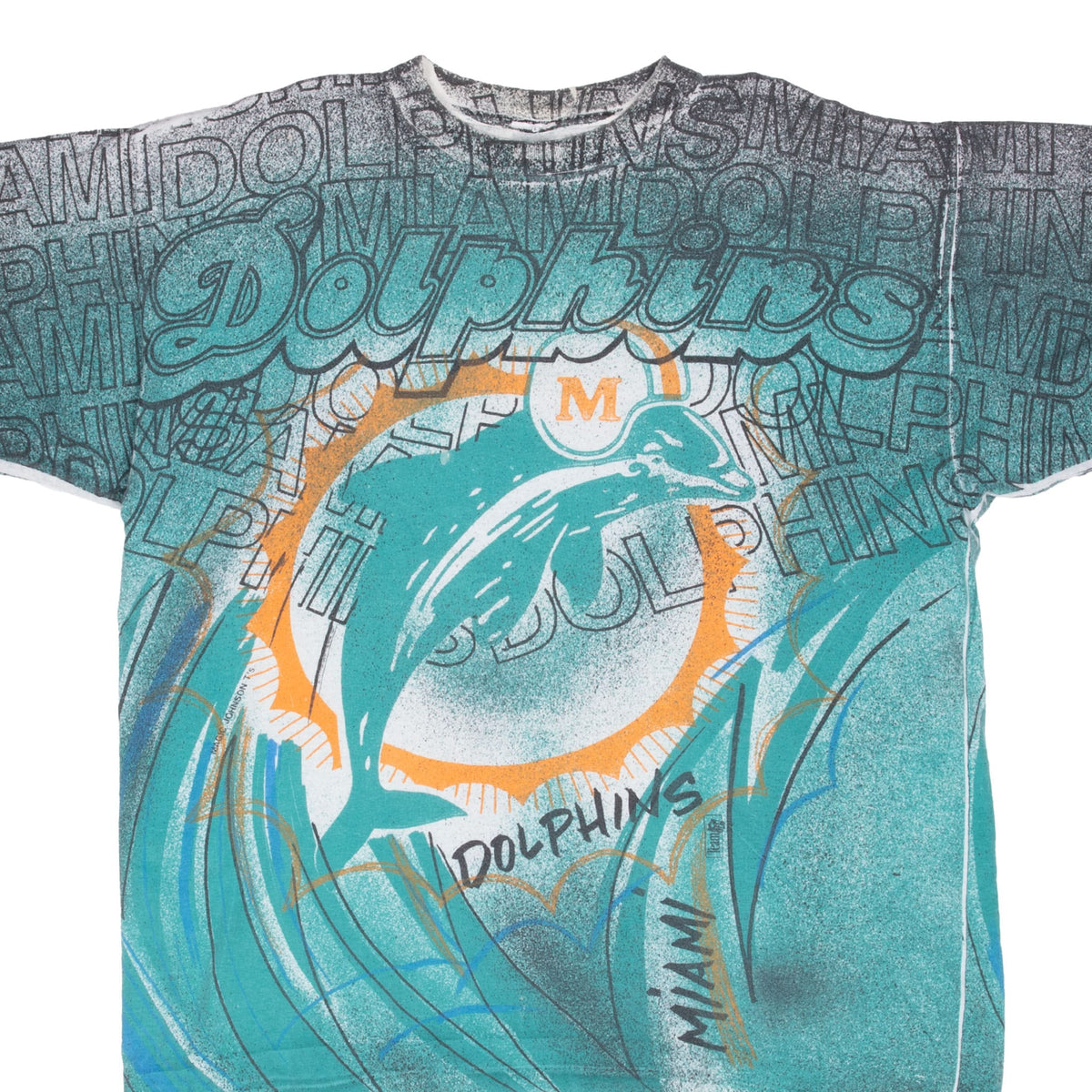 Miami Dolphins T-shirt front graphic with aqua dolphin-and-sun logo and oversized team lettering
