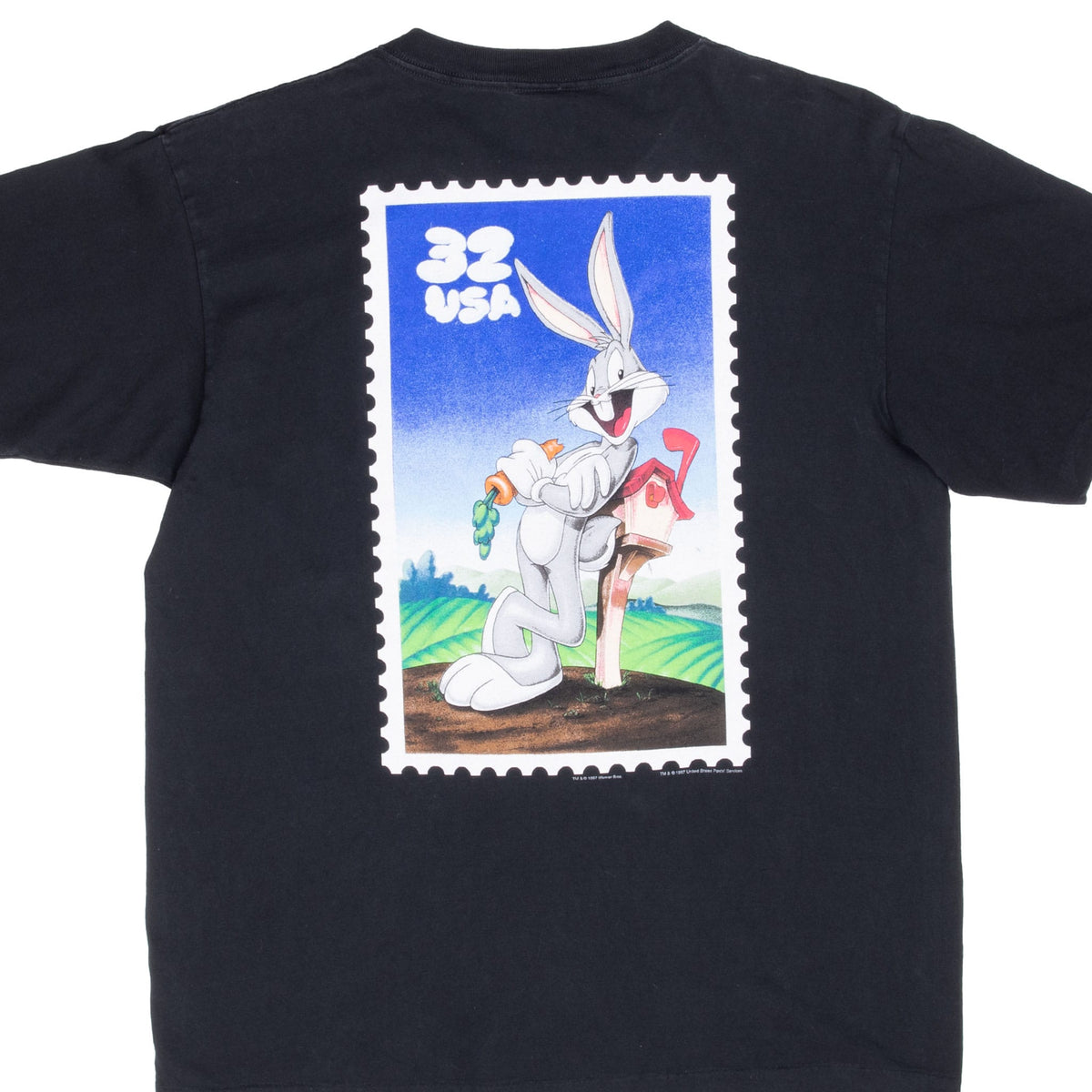 Back of black Looney Tunes T-shirt with Bugs Bunny 32 USA postage stamp graphic