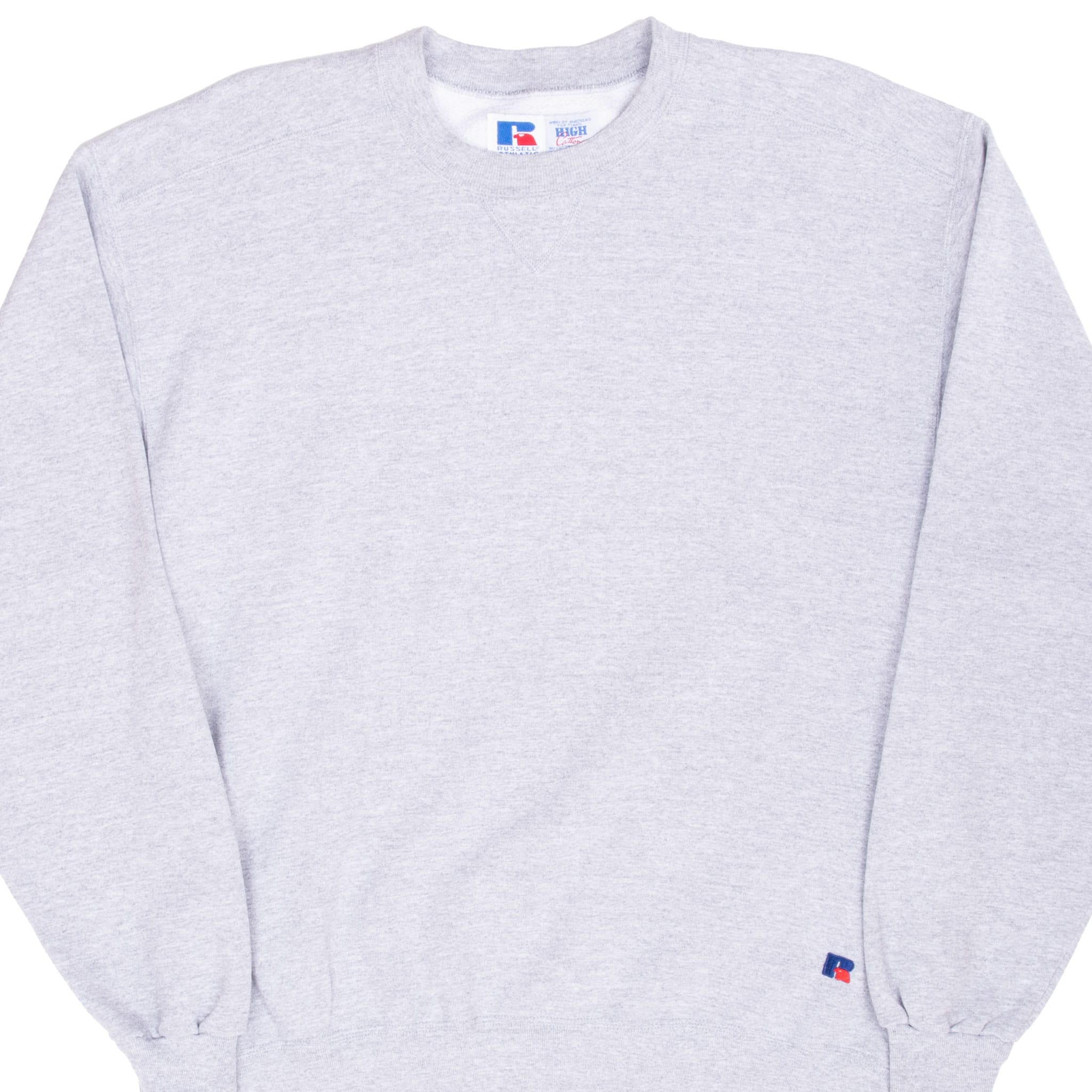 Front of grey Russell Athletic crewneck sweatshirt with small embroidered logo near hem
