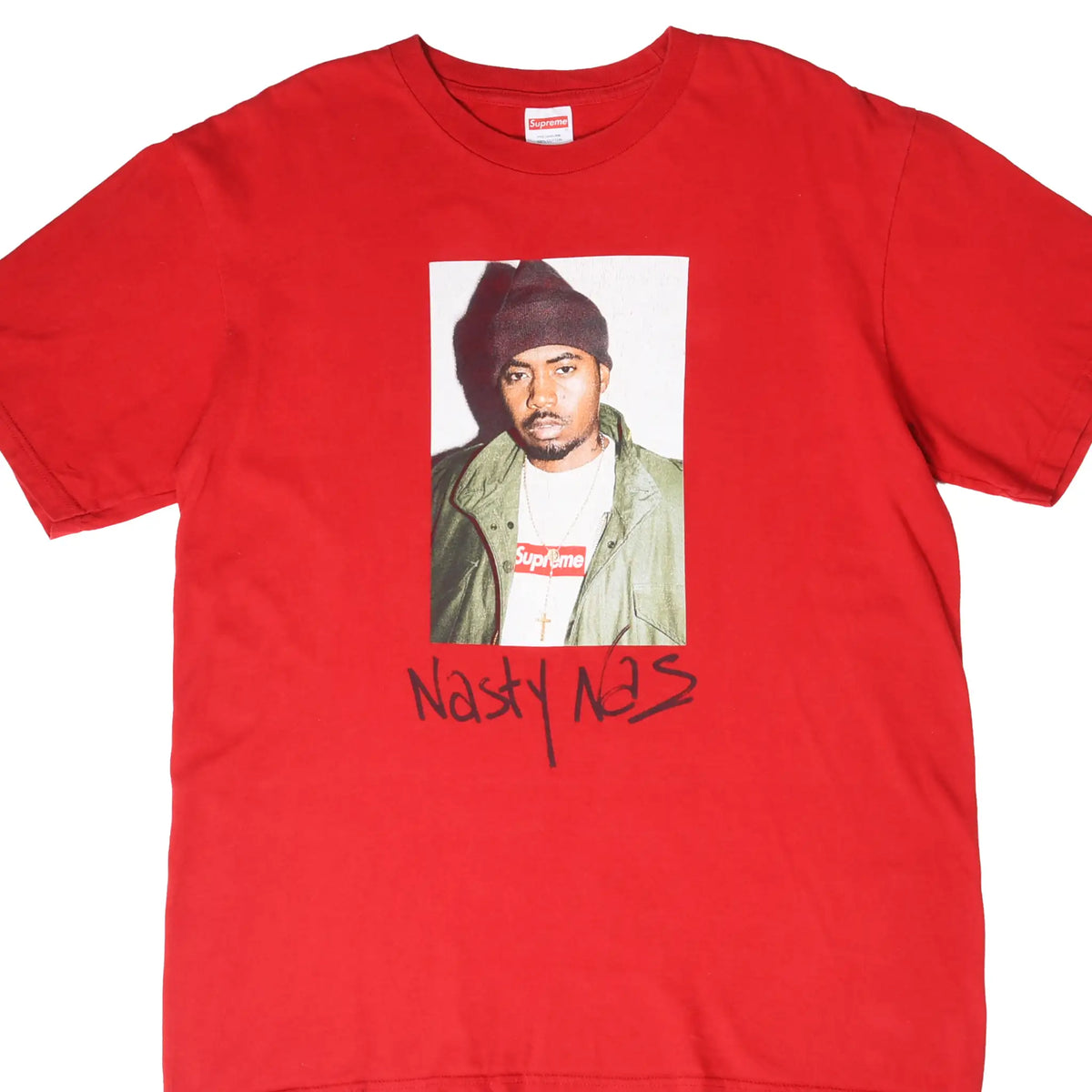 Front of red Supreme Nasty Nas T-shirt with Nas portrait and signature graphic