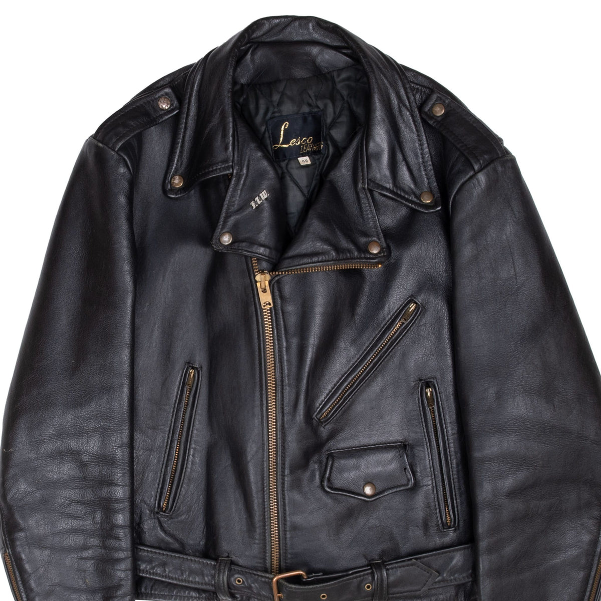 Close front view of black Lesco leather motorcycle jacket with asymmetrical zipper and snap lapels