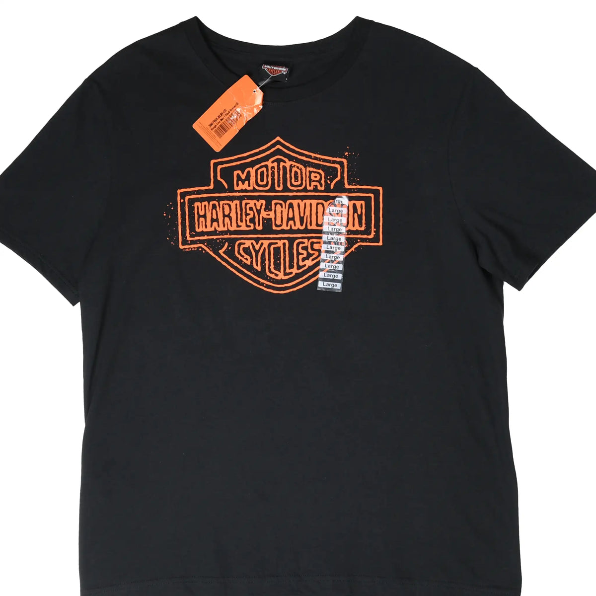 Front of black Harley-Davidson T-shirt with orange shield logo and retail tags