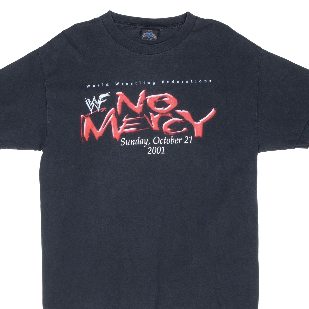 Front of black WWF No Mercy T-shirt with red logo and October 21, 2001 event date