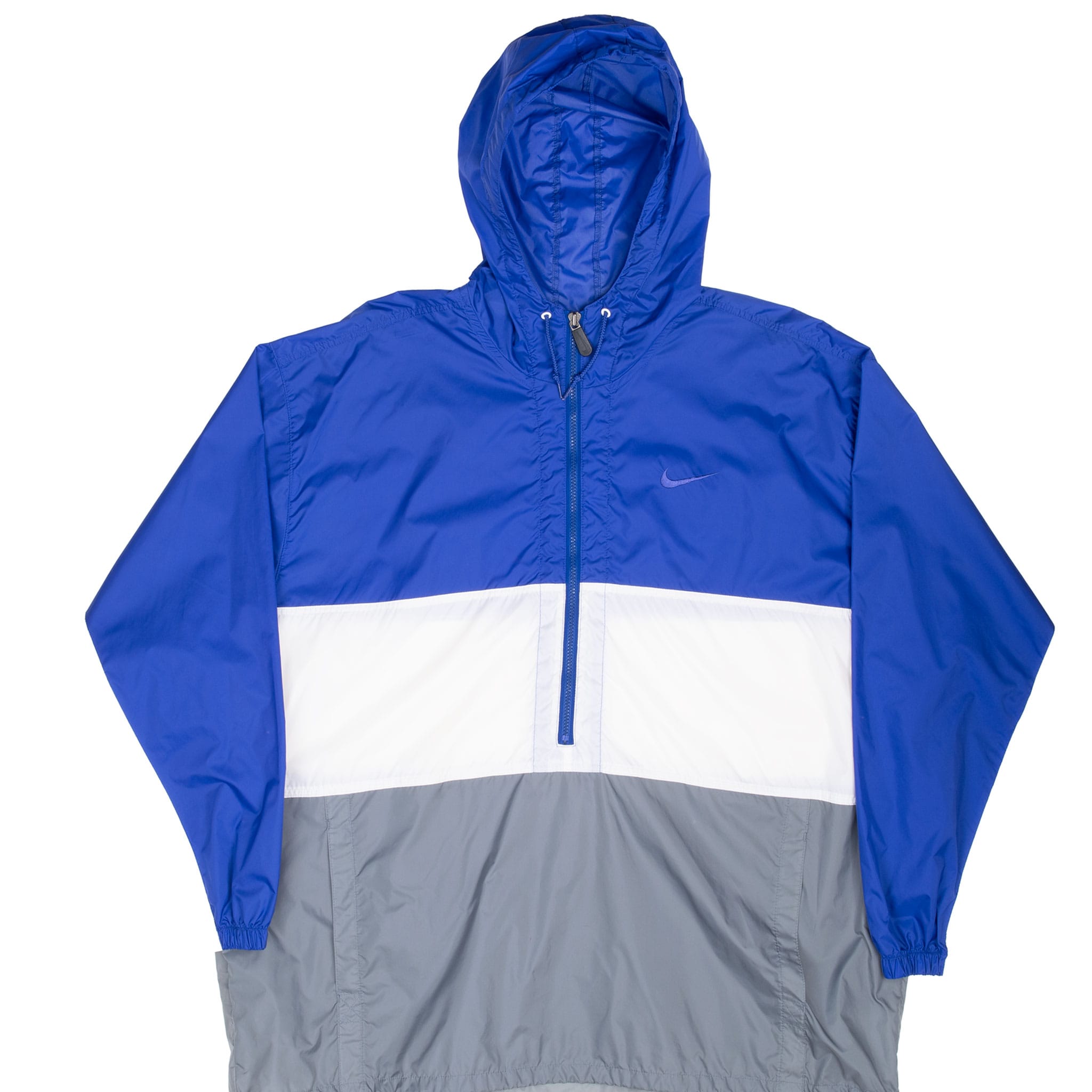 Vintage Nike Swoosh Blue White Grey Pullover Windbreaker Hooded Jacket 1990S Size XL