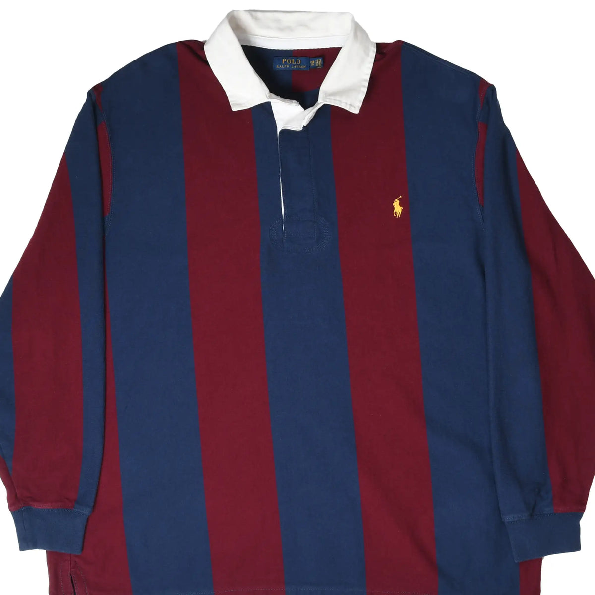 Front of Polo Ralph Lauren rugby shirt with burgundy and navy stripes, white collar, and yellow pony logo