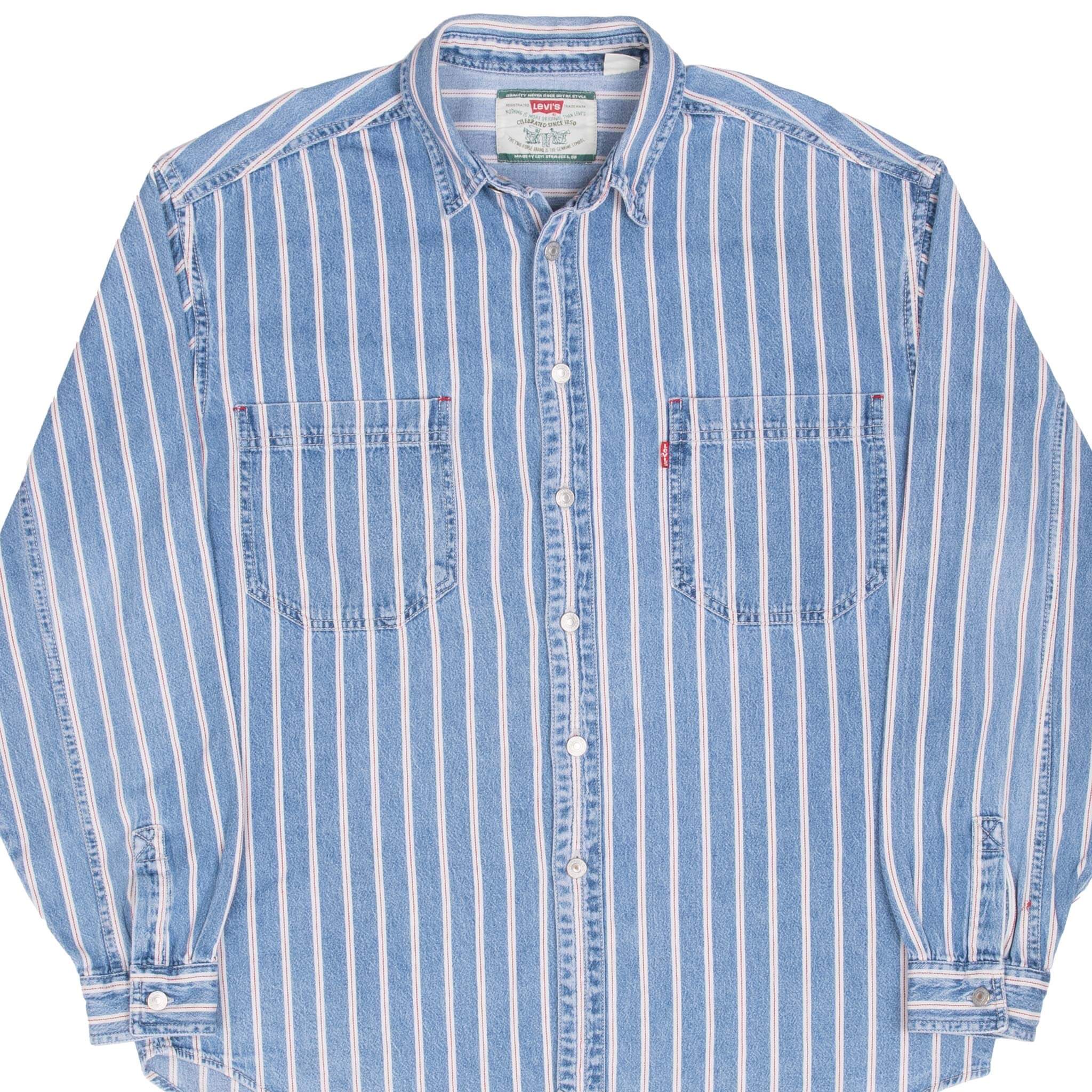 VINTAGE LEVIS RED LINE STRIPES BLUE POCKET DENIM SHIRT 1990S SIZE