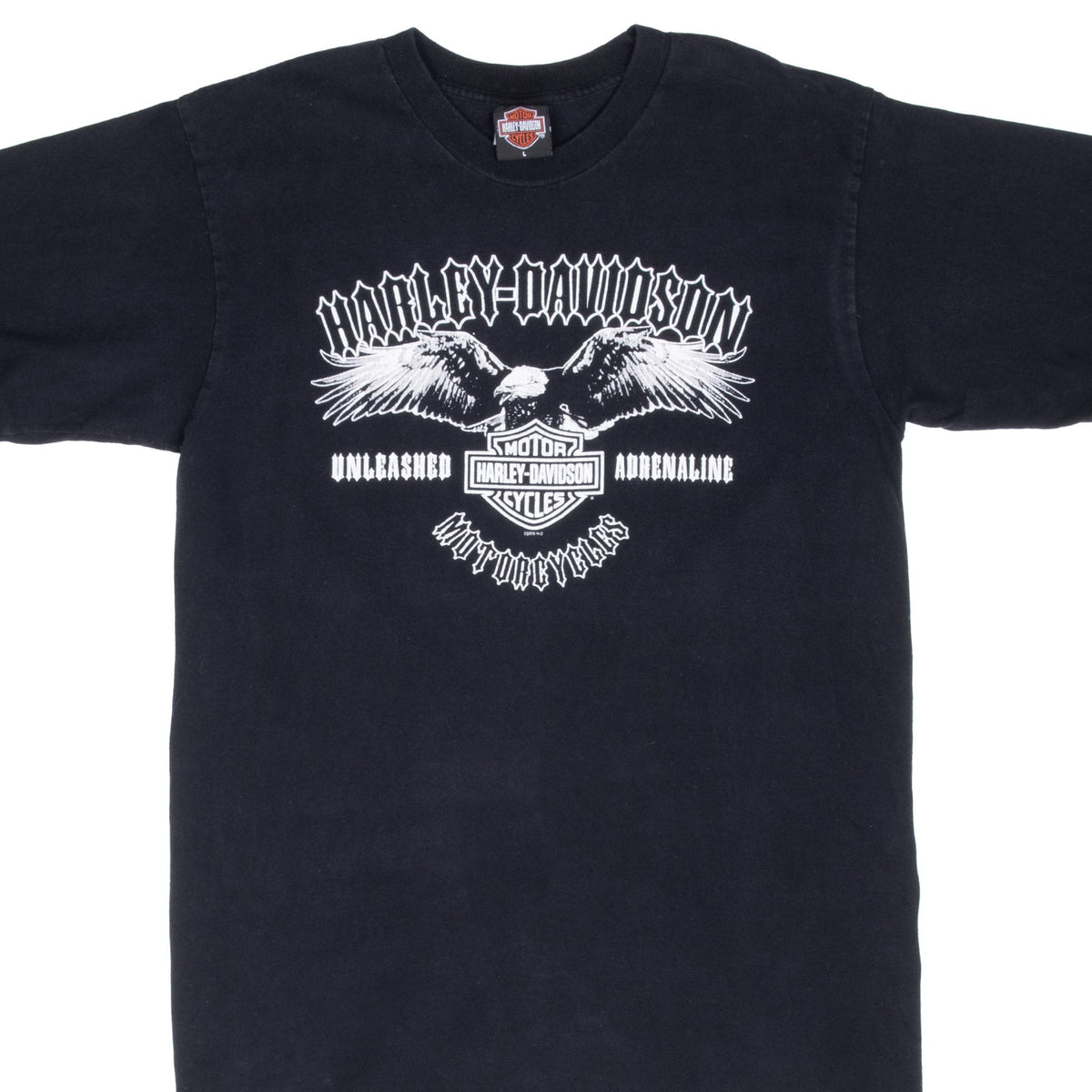 Front upper view of black Harley-Davidson T-shirt with white eagle and shield graphic