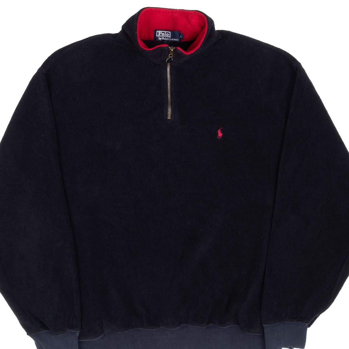 Front of Polo Ralph Lauren black quarter-zip fleece with red collar lining and pony embroidery