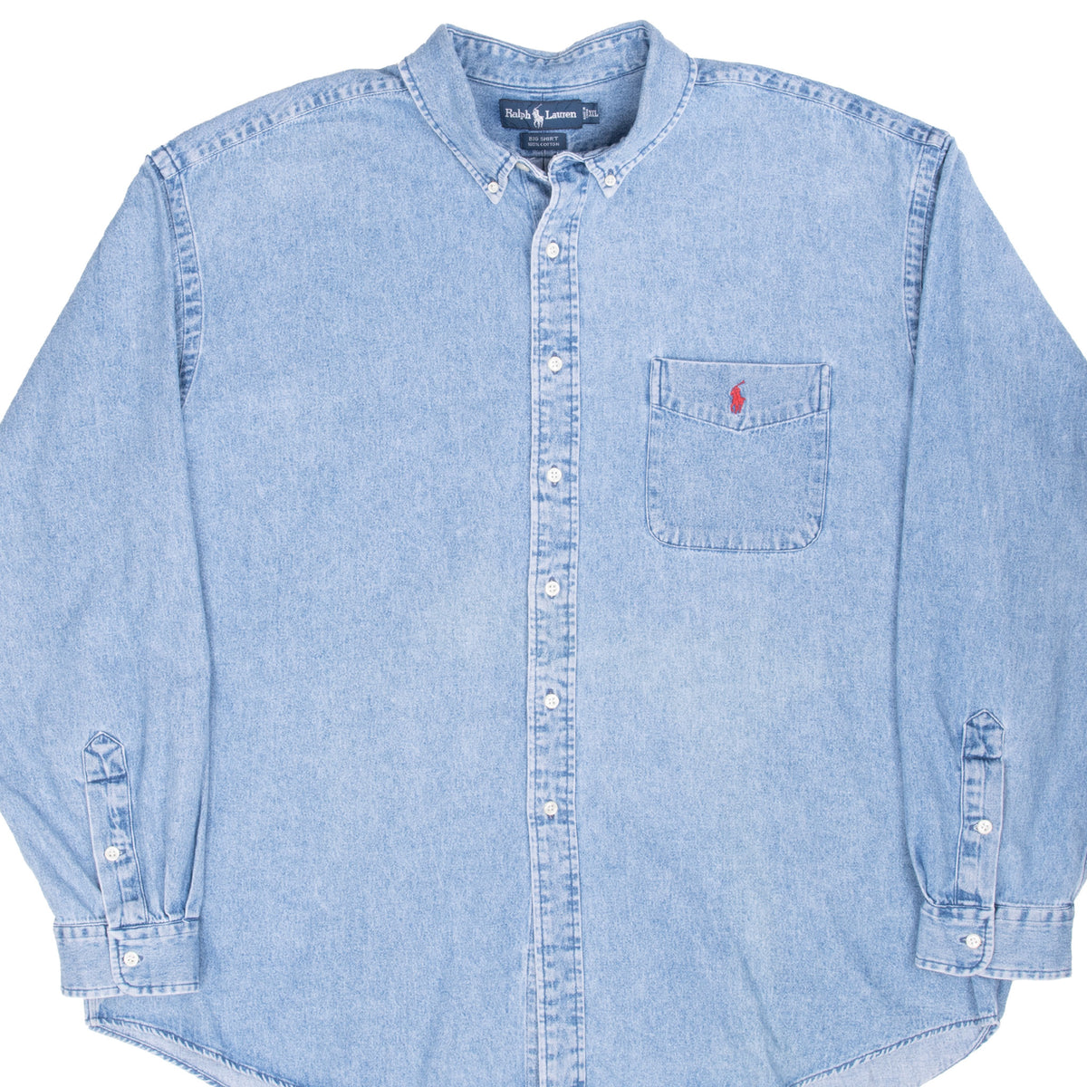 Front of Polo Ralph Lauren blue denim Big Shirt with chest pocket and red pony embroidery