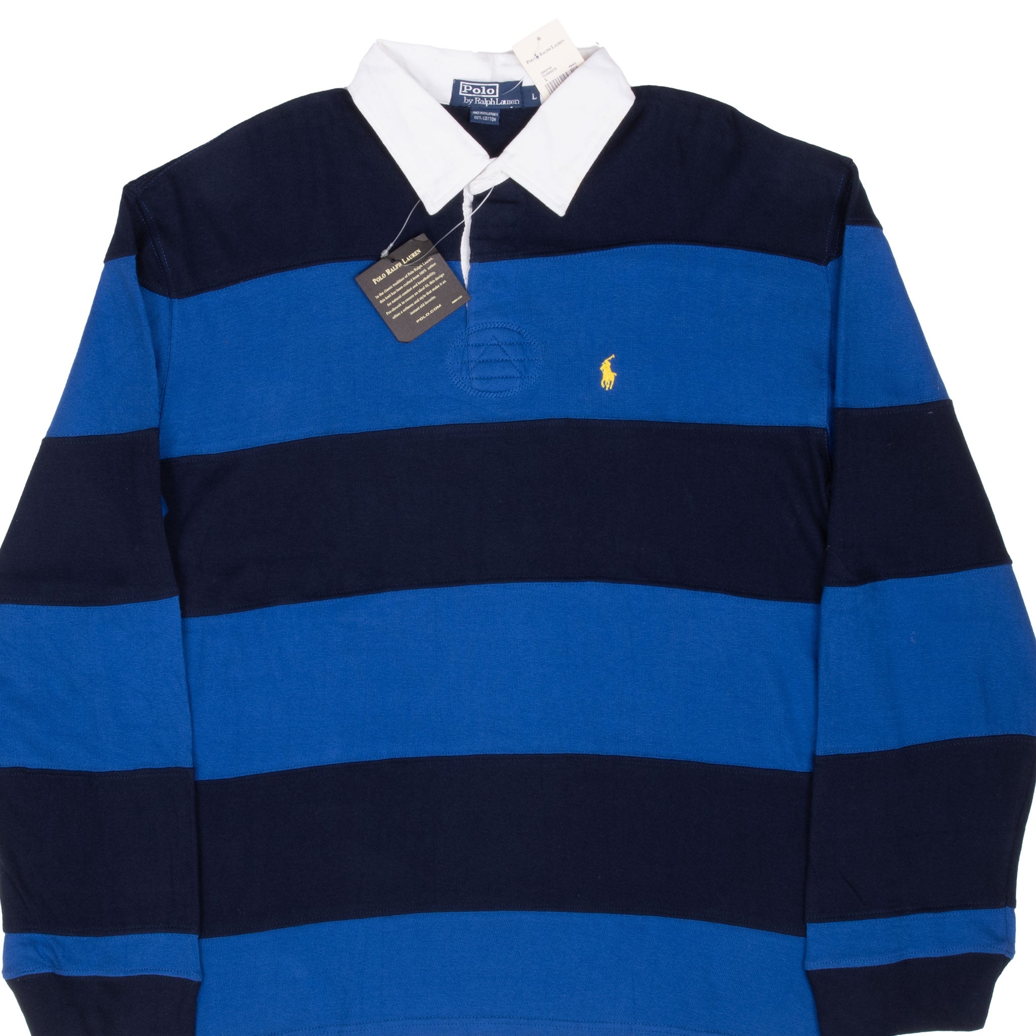 Vintage Ralph Lauren Blue Stripes Rugby Polo Shirt 1990S Size Large Deadstock