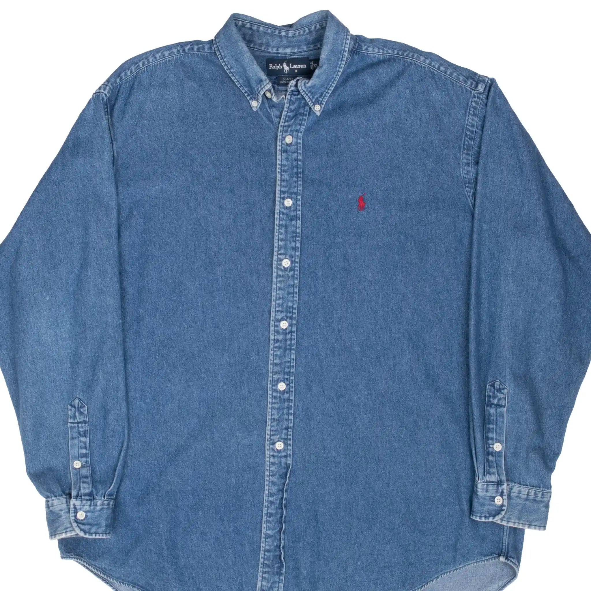 Front of Ralph Lauren blue denim button-down shirt with red pony embroidery