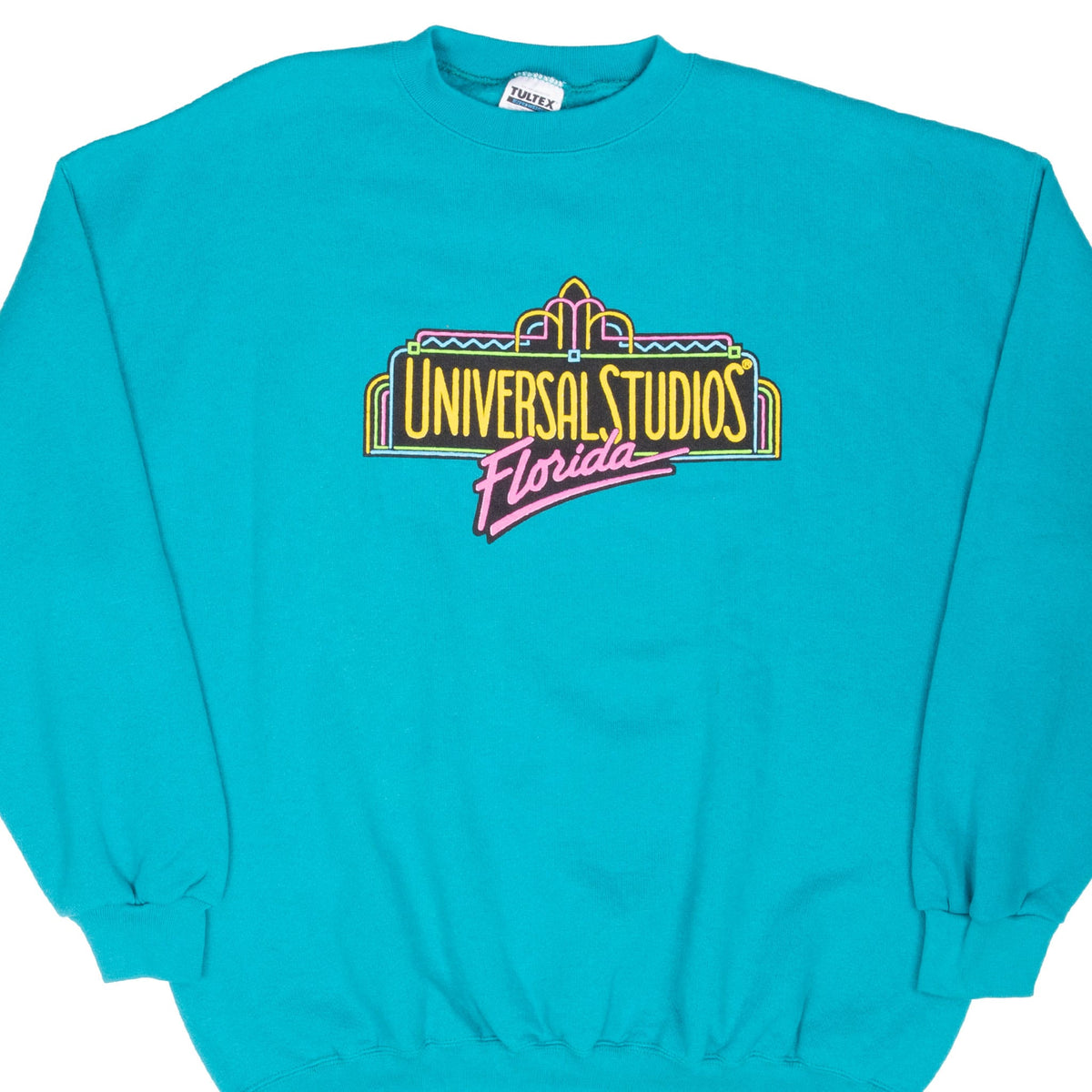Front of teal Universal Studios Florida crewneck sweatshirt with colorful sign graphic
