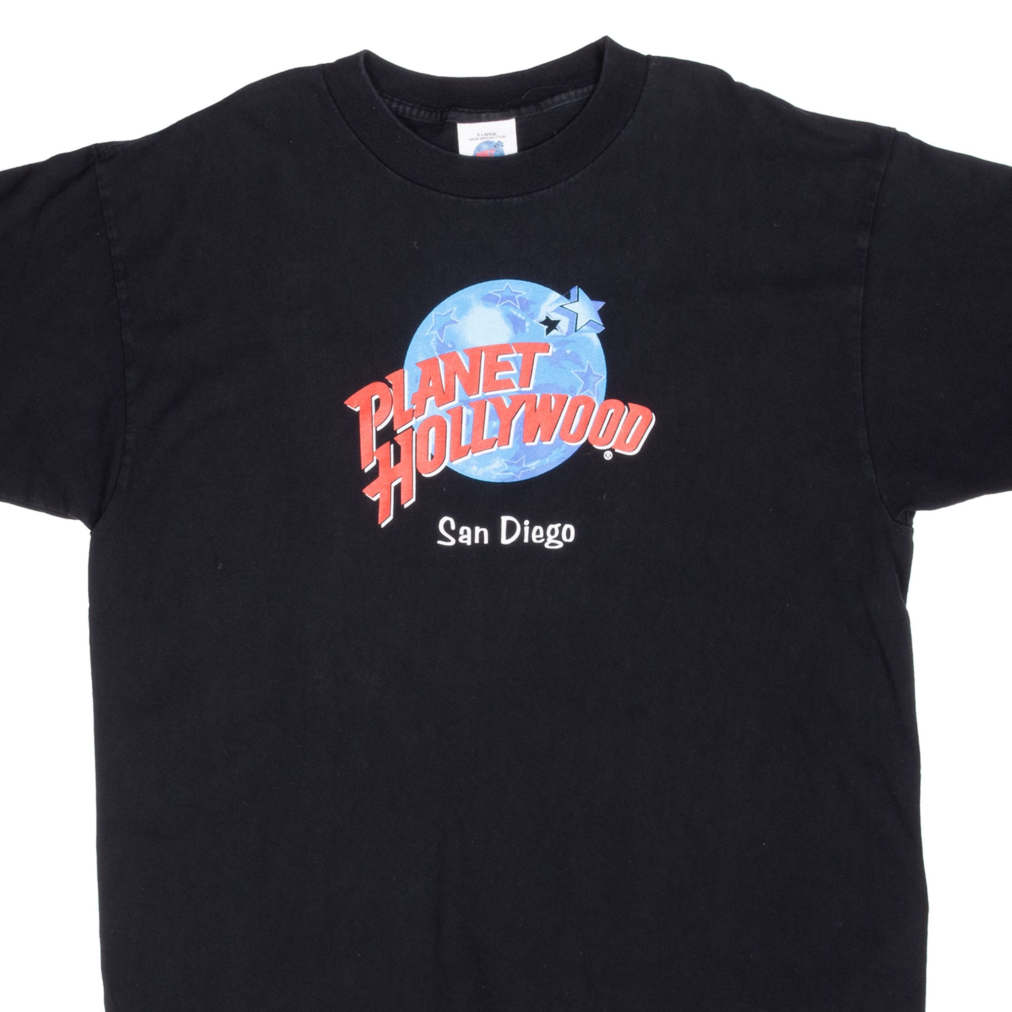 Planet Hollywood San Diego black T-shirt front with red logo, blue globe and stars