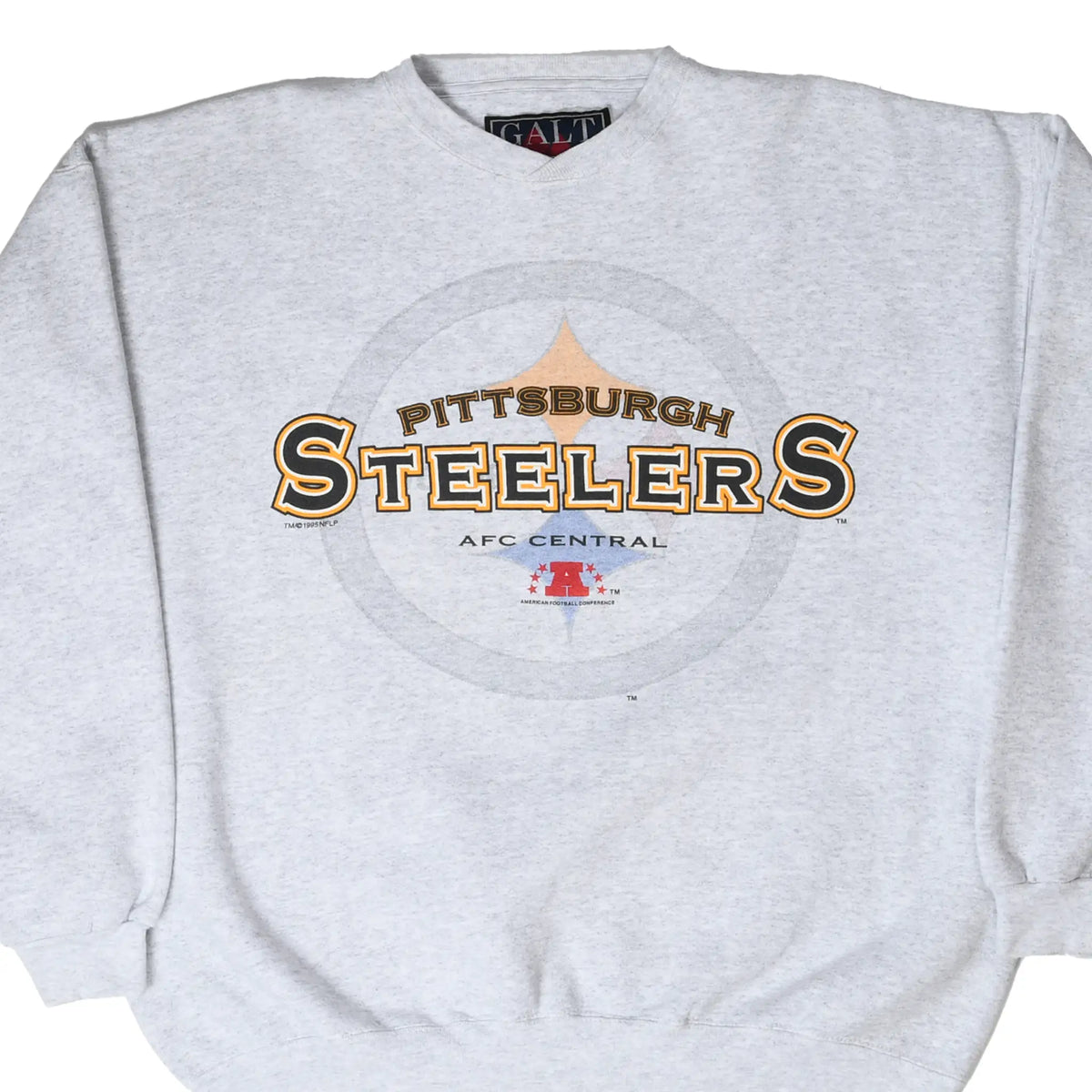 Front of gray Pittsburgh Steelers AFC Central sweatshirt with black, white and gold graphic