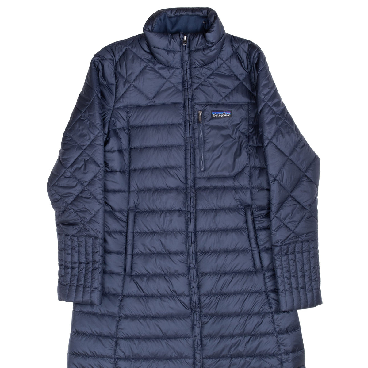 Front of Patagonia women's Radalie navy blue quilted parka with zippered chest pocket