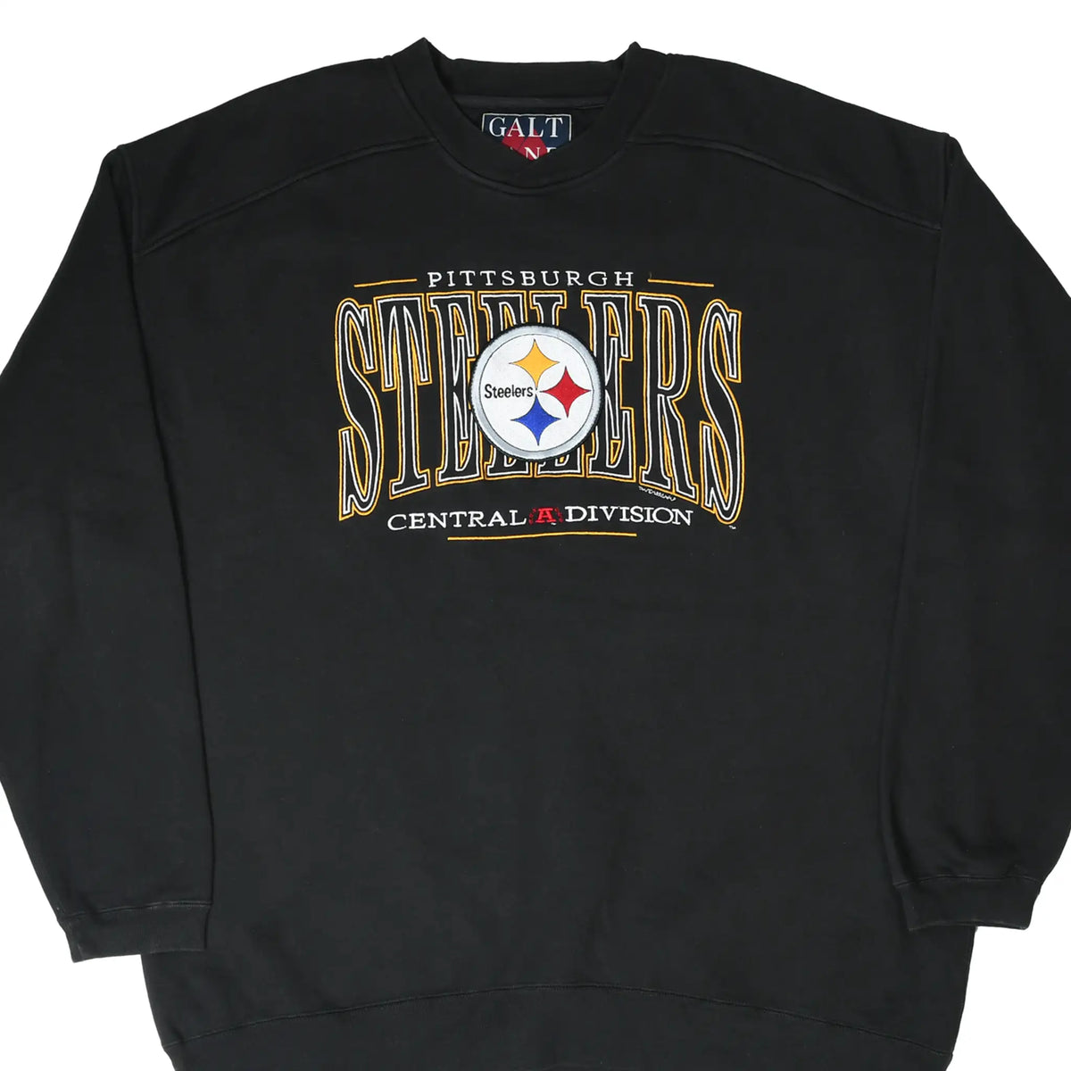 Front of black Pittsburgh Steelers sweatshirt with embroidered team logo and Central Division design