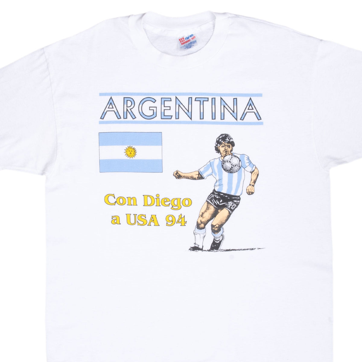 Front detail of white Argentina T-shirt with Diego Maradona, flag, and “Con Diego a USA 94” graphic