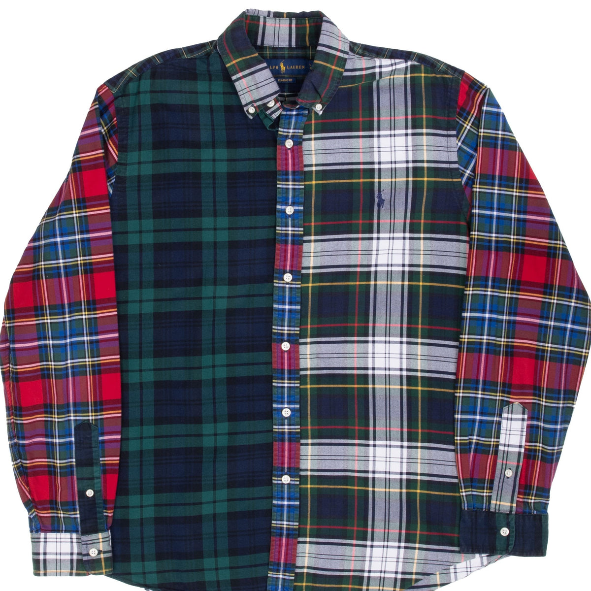 Front of Ralph Lauren long-sleeve patchwork plaid shirt in green, red, blue and white